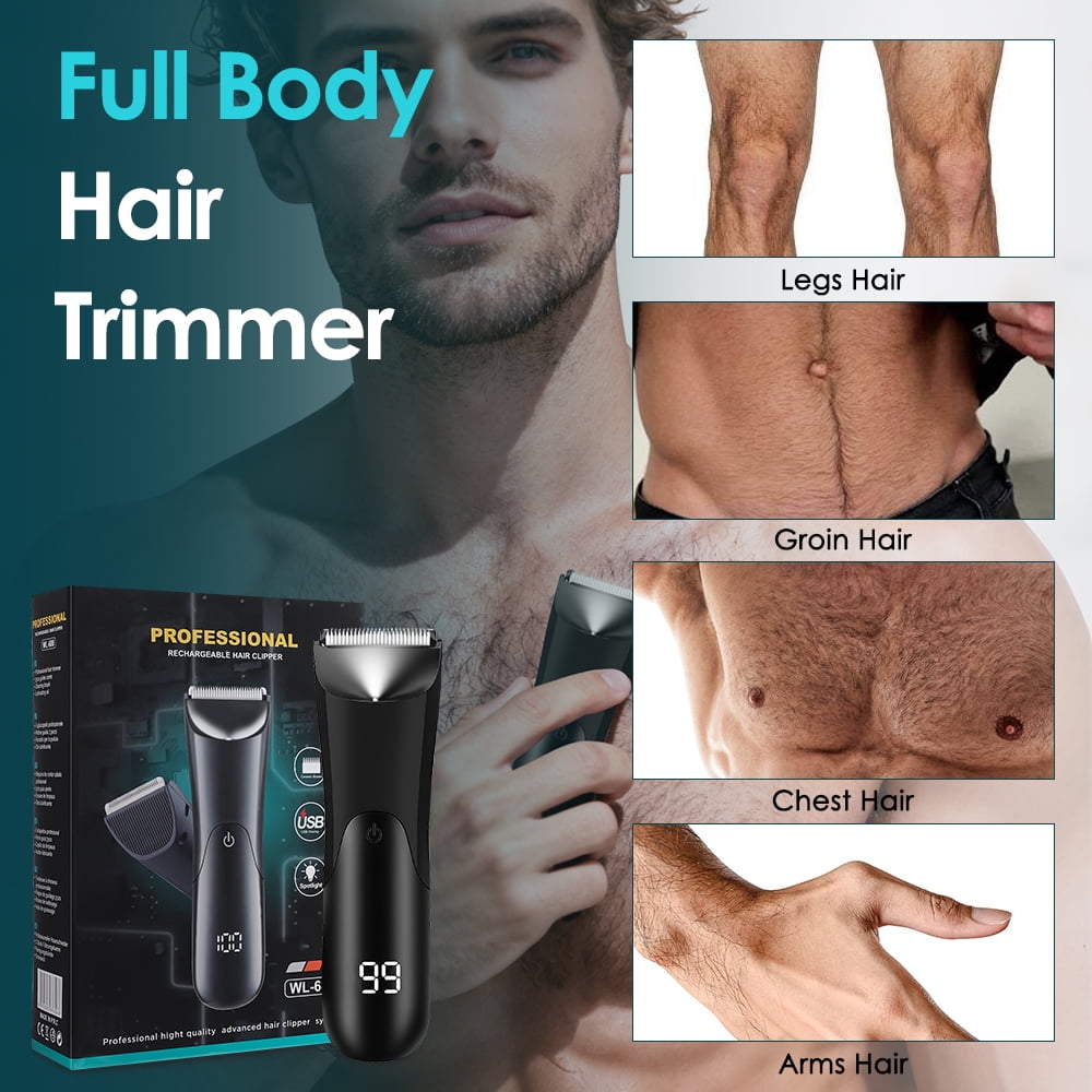 Electric Body Hair Trimmer for Men, Grooming Trimmer, Beard and Body Shaver with LED Light, Digital LCD Display for Underarm, Leg, Chest, Head Styling