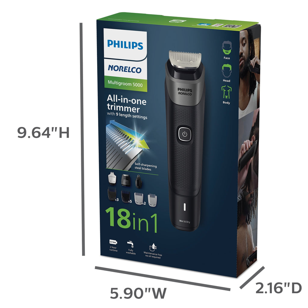 Multigroom Series 5000 18 Piece, Beard Face, Hair, Body and Intimate Hair Trimmer For Men - No Blade Oil MG5900/49