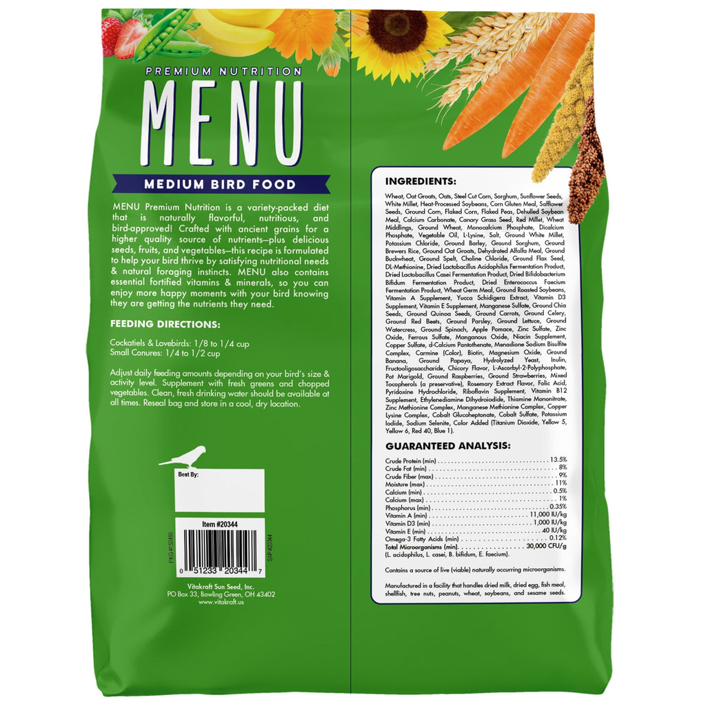 Menu Vitamin Fortified Food for Cockatiel, Lovebirds, and Small Consures, 4 lb