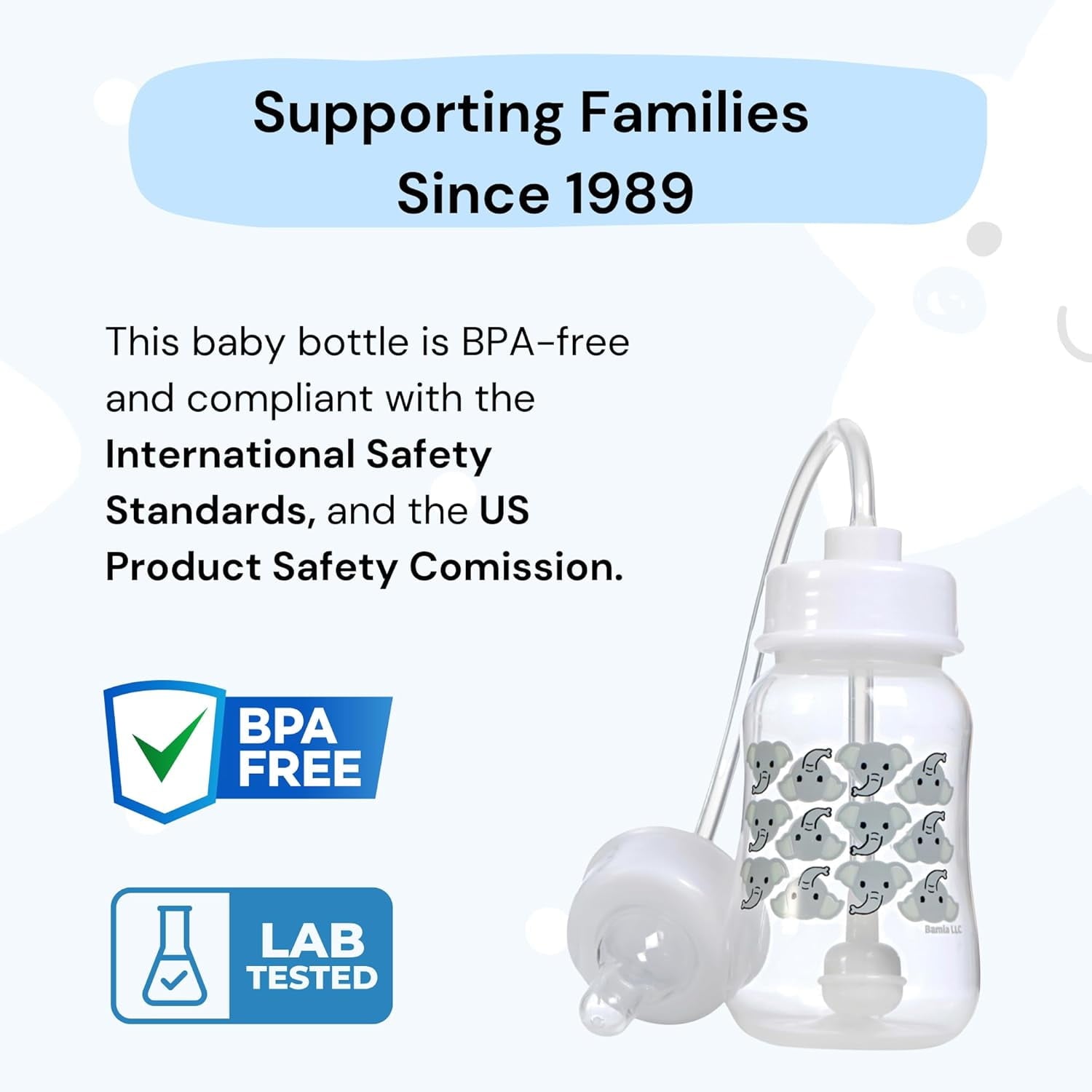 Hands-Free Baby Bottle - Nursing System 4 oz Baby Bottle with Nipple/Teat 3m+ with Tube Straw Feeding System for Toddler (2 Bottles - Elephant)