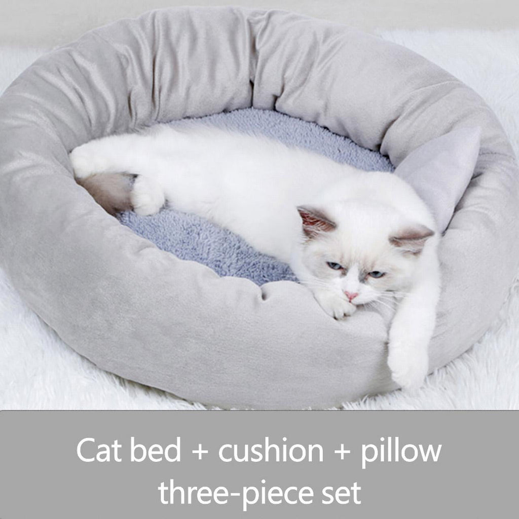 14in Round Cat Beds for Indoor Cats Small Dog Bed with Pillow, Washable Plush Pet Bed for Kittens Puppy, Purple