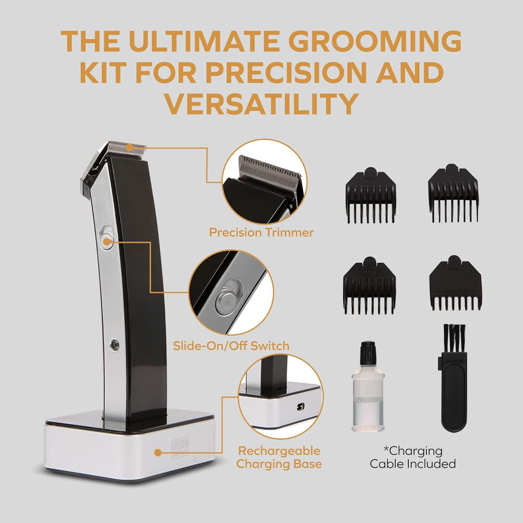 Groom Essentials Hair &amp; Beard Trimmer for Men, Cordless Hair Trimmer w/ Charging Base, Black/Silver