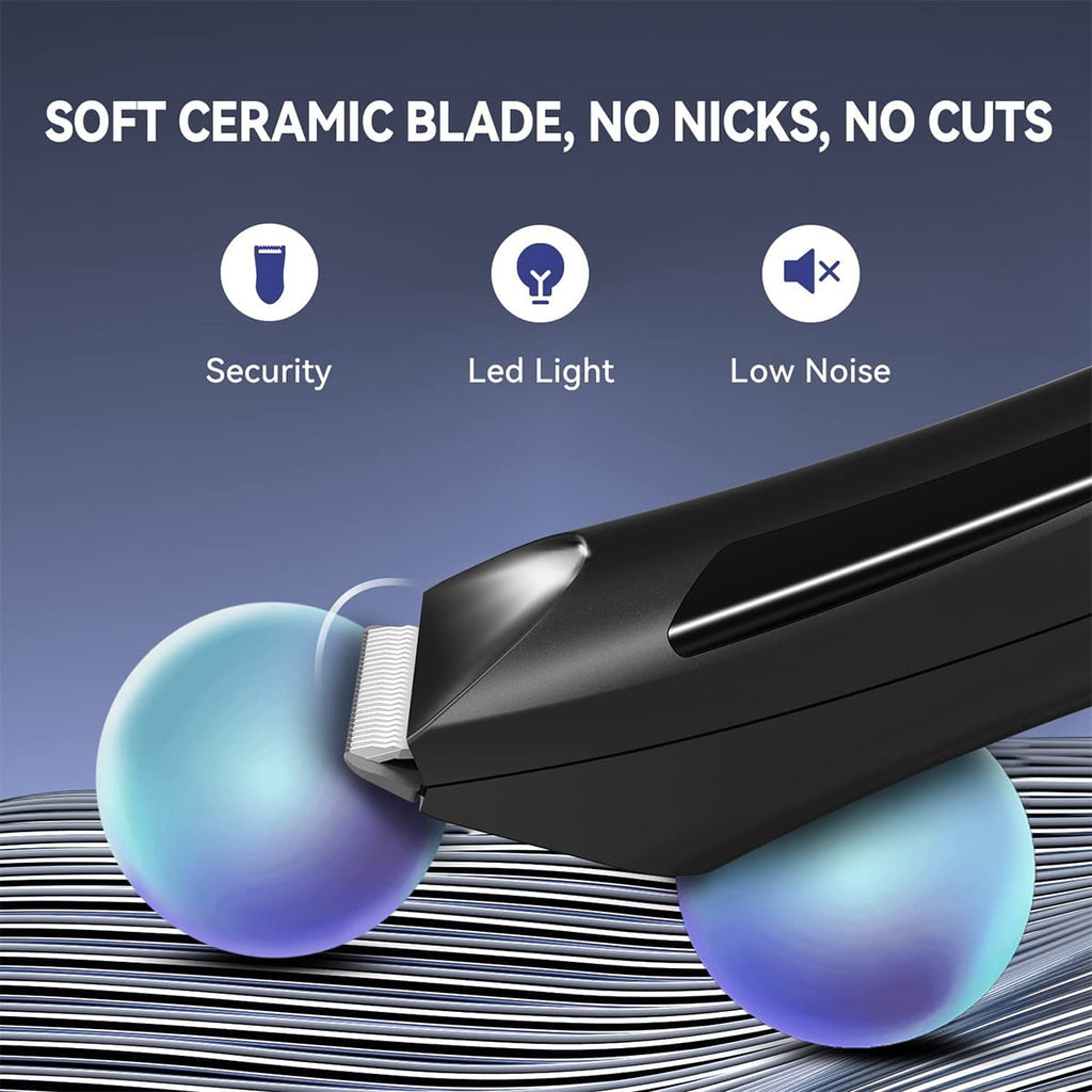 Electric Body Trimmer, Men's Groin Hair Trimmer IPX5 Wet/Dry Use Razor, Ceramic Blade Ball Shaver Clipper Body Grooming Kit with LCD Baterry Display, USB Recharge Dock &amp; LED Light