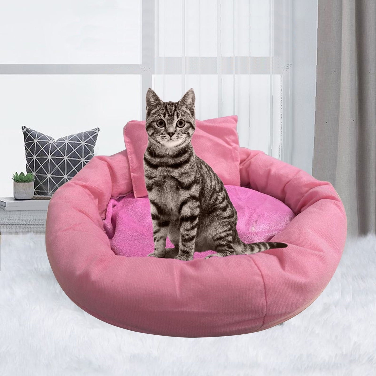 Cat Beds with Pillow for Small Medium Dogs and Cats, Round Dog Puppy Cuddler Bed, Washable Plush Pet Bed Thickened Dog Kennel Mat for Puppy Sleeping, M 45CM