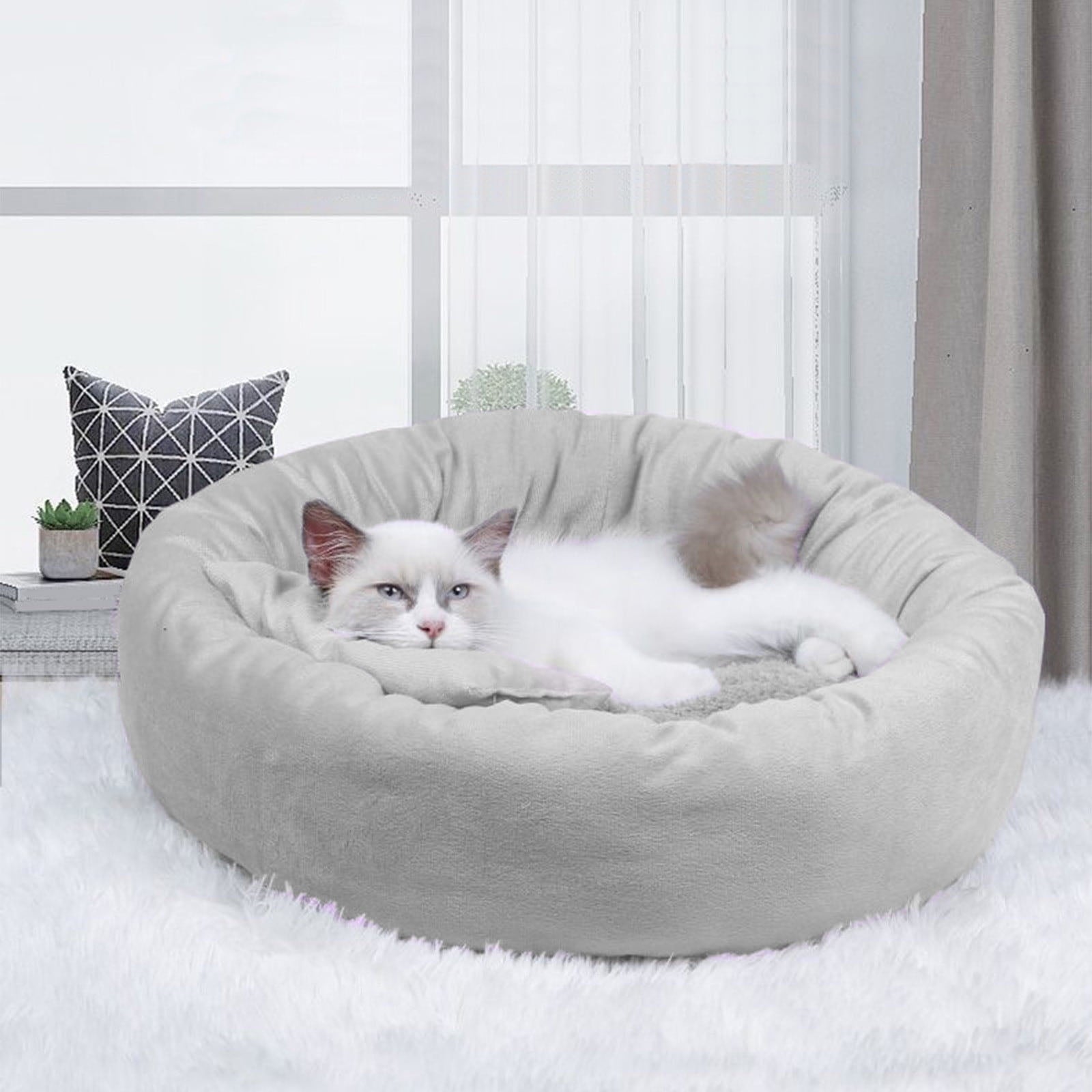 14in Round Cat Beds for Indoor Cats Small Dog Bed with Pillow, Washable Plush Pet Bed for Kittens Puppy, Purple