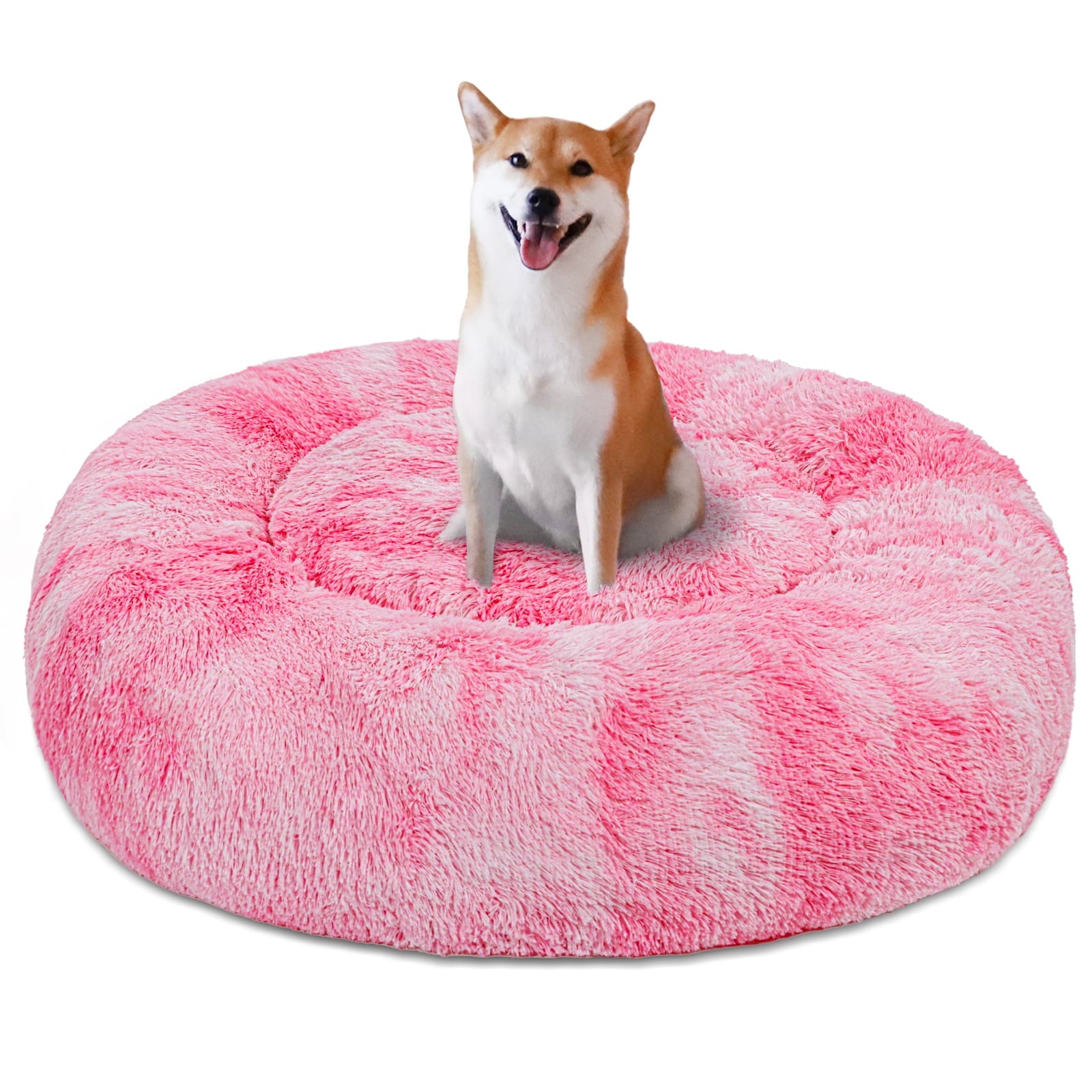 Donut Pet Bed for Small Dogs 20", Plush Warming Dog Bed, Pink Rainbow