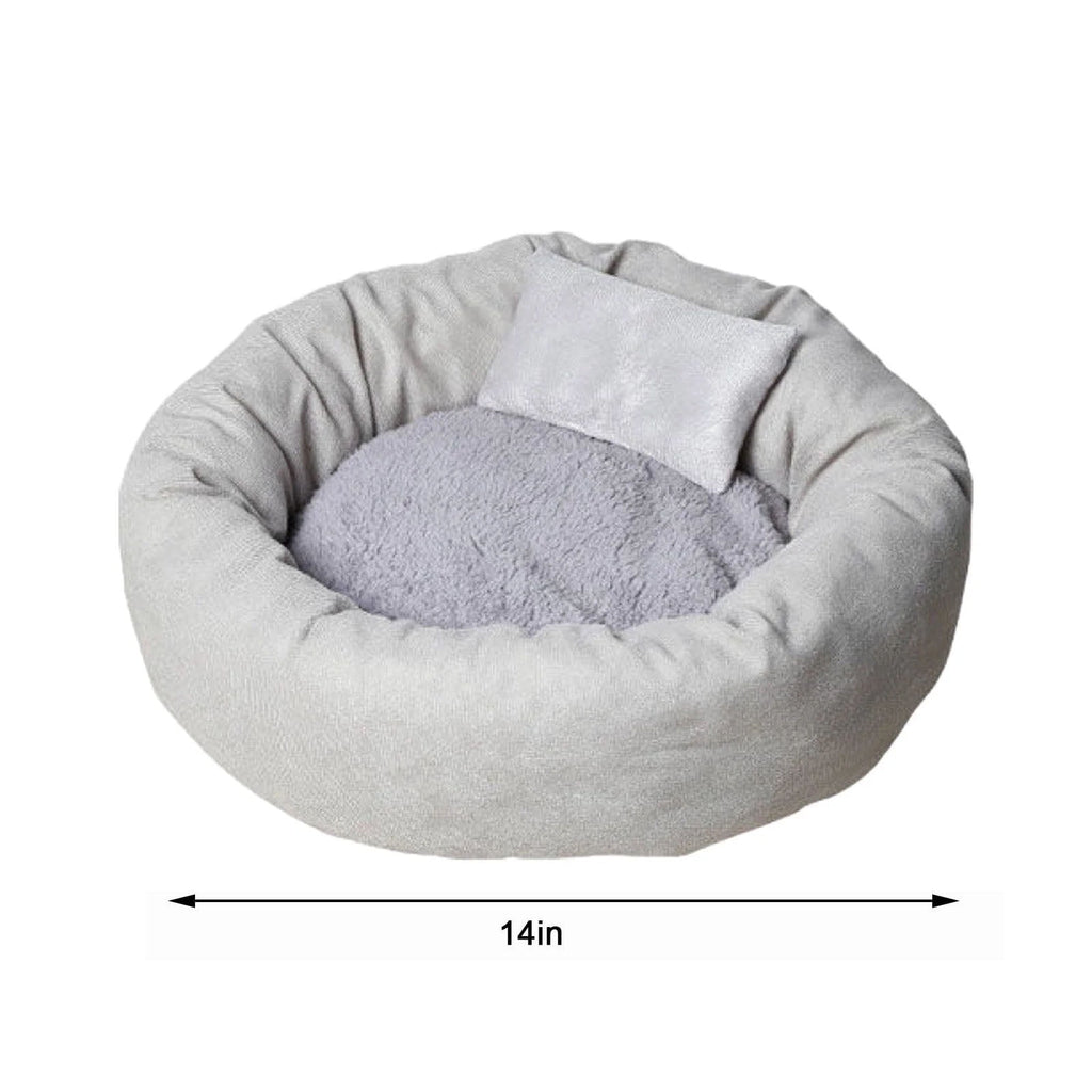14in Round Cat Beds for Indoor Cats Small Dog Bed with Pillow, Washable Plush Pet Bed for Kittens Puppy, Purple