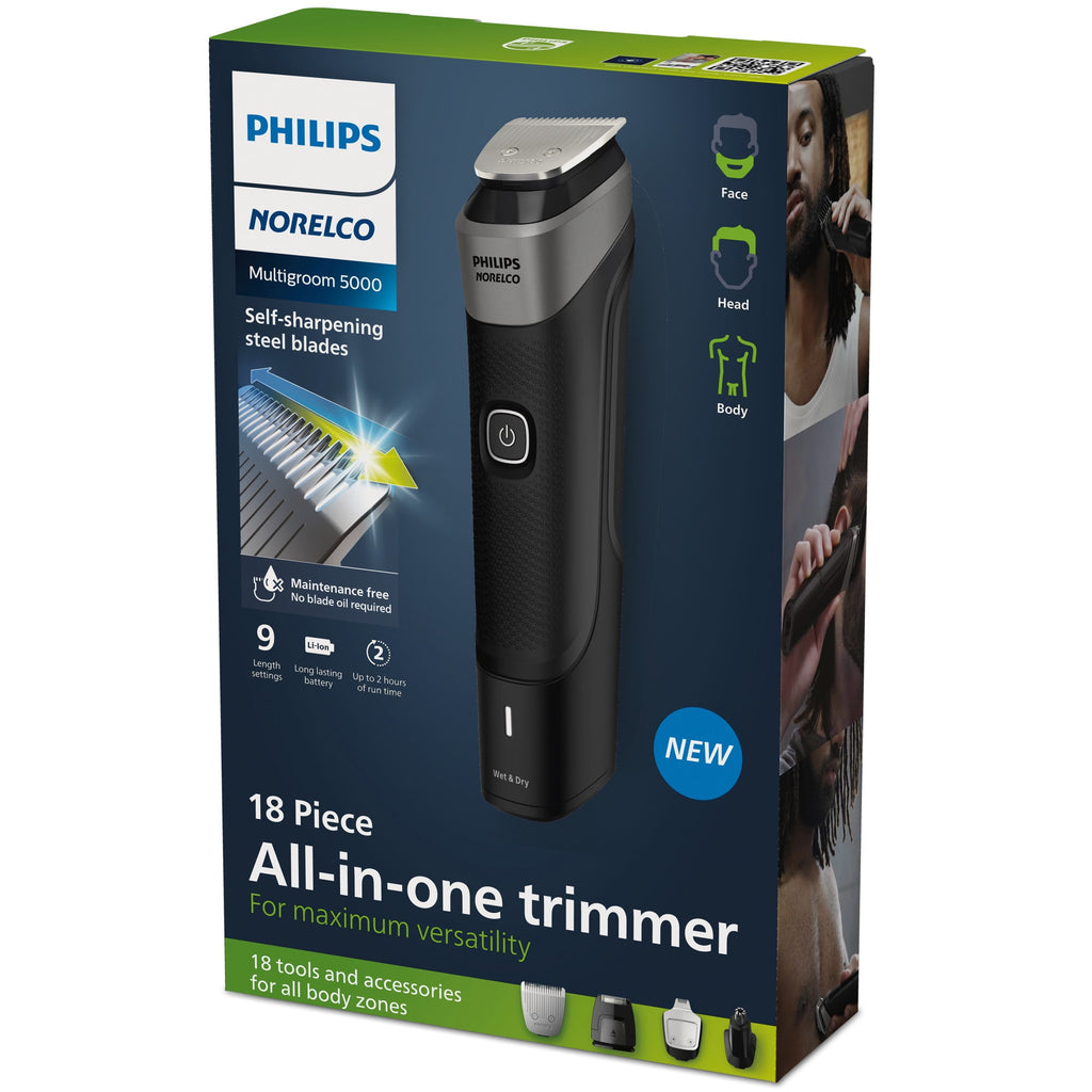 Multigroom Series 5000 18 Piece, Beard Face, Hair, Body and Intimate Hair Trimmer For Men - No Blade Oil MG5900/49