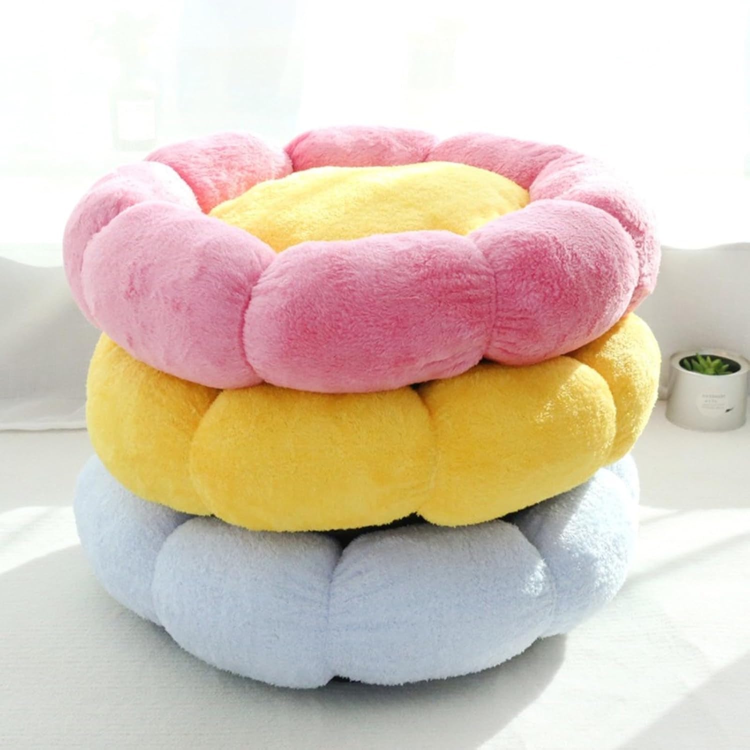 14in Round Cat Beds for Indoor Cats Small Dog Bed with Pillow, Washable Plush Pet Bed for Kittens Puppy, Purple