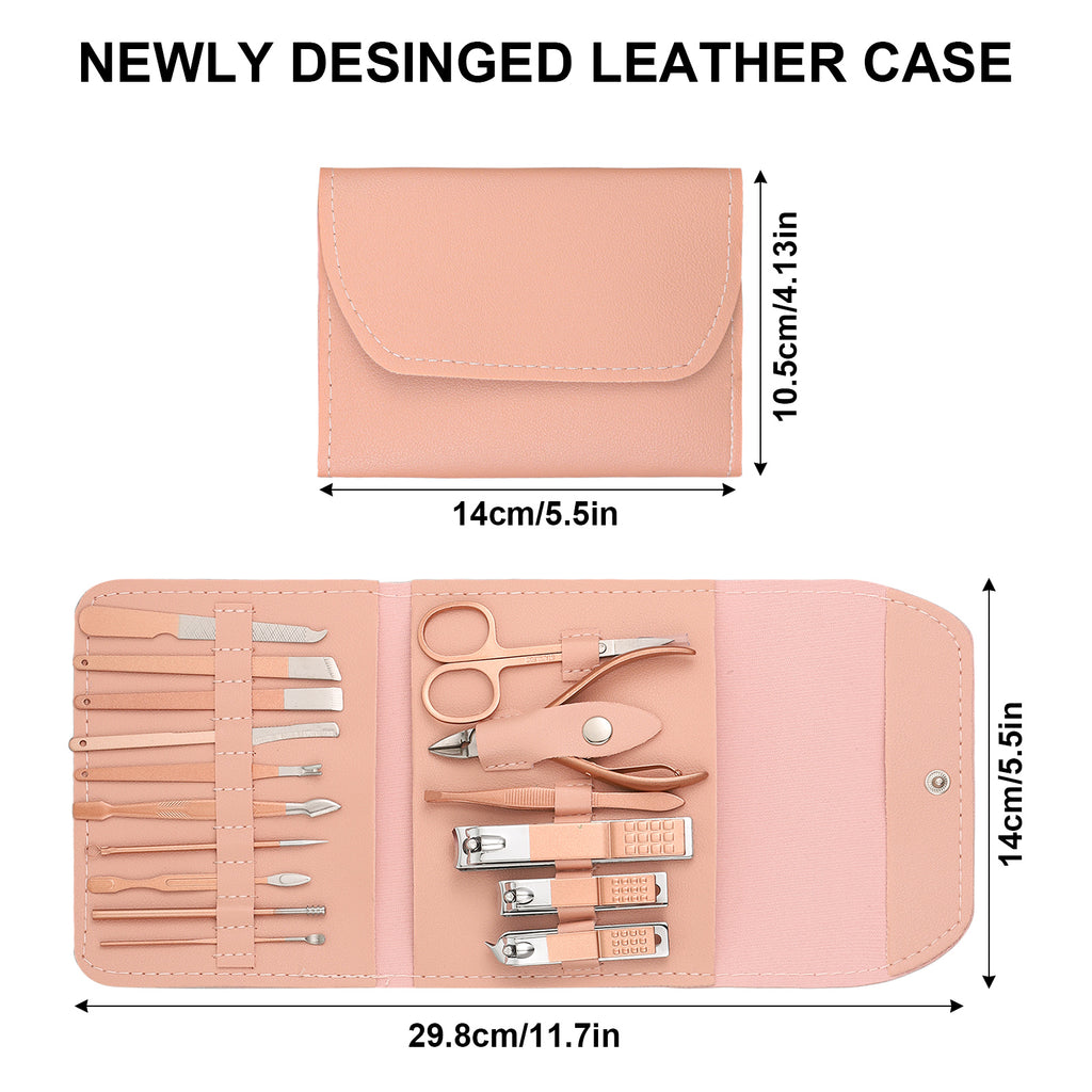 Abaima 16pcs Manicure Sets,Mini Pedicure Kit Nail Clippers, Grooming Kit with PU Leather Case, Stainless Steel Trave Nail Care Tools(Pink)