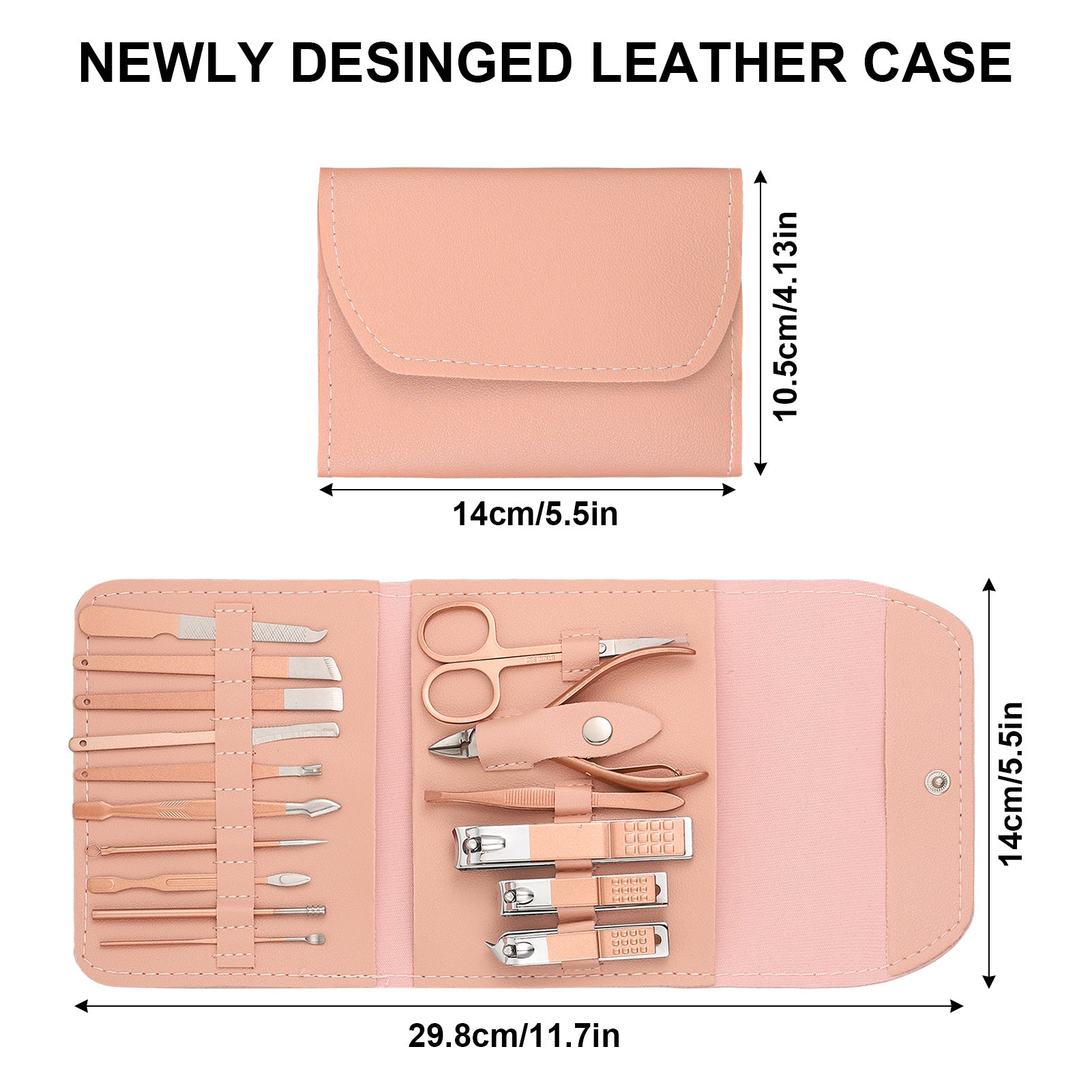 Abaima 16pcs Manicure Sets,Mini Pedicure Kit Nail Clippers, Grooming Kit with PU Leather Case, Stainless Steel Trave Nail Care Tools(Pink)