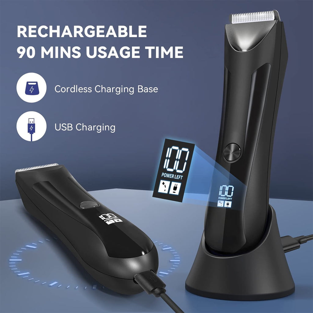 Electric Body Trimmer, Men's Groin Hair Trimmer IPX5 Wet/Dry Use Razor, Ceramic Blade Ball Shaver Clipper Body Grooming Kit with LCD Baterry Display, USB Recharge Dock &amp; LED Light