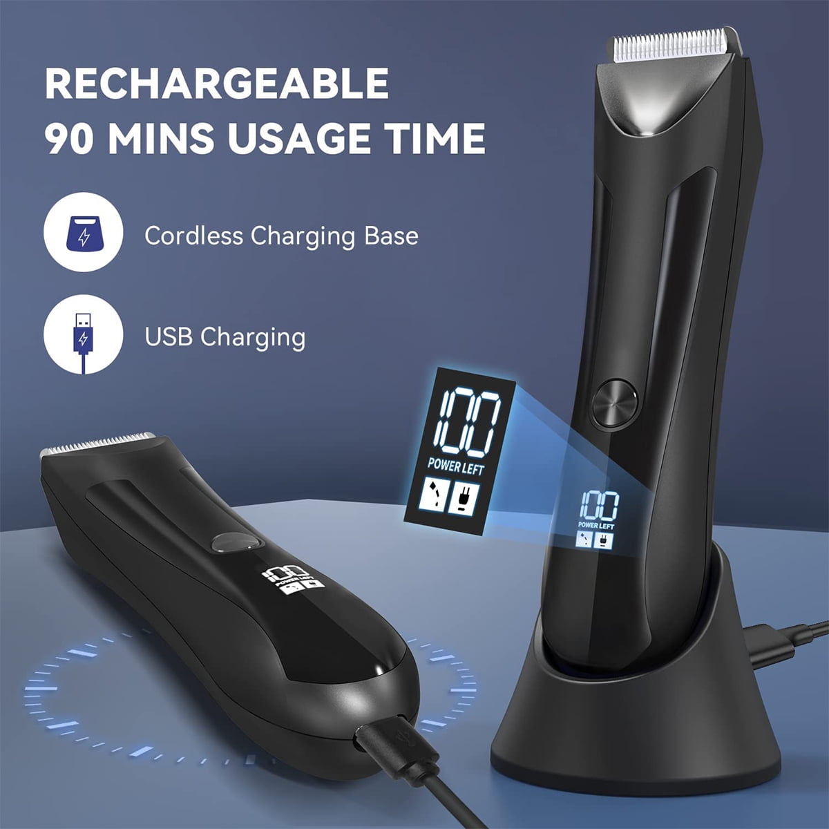 Electric Body Trimmer, Men's Groin Hair Trimmer IPX5 Wet/Dry Use Razor, Ceramic Blade Ball Shaver Clipper Body Grooming Kit with LCD Baterry Display, USB Recharge Dock &amp; LED Light