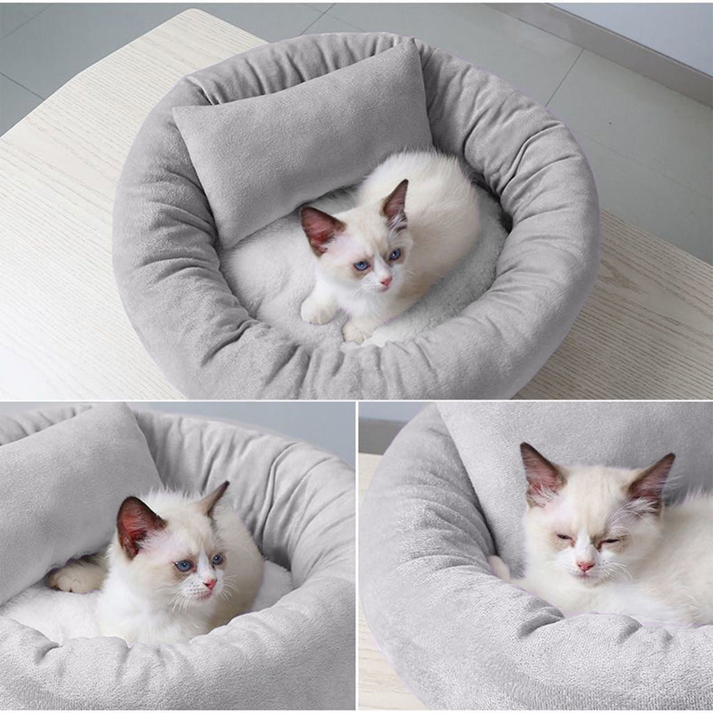14in Round Cat Beds for Indoor Cats Small Dog Bed with Pillow, Washable Plush Pet Bed for Kittens Puppy, Purple
