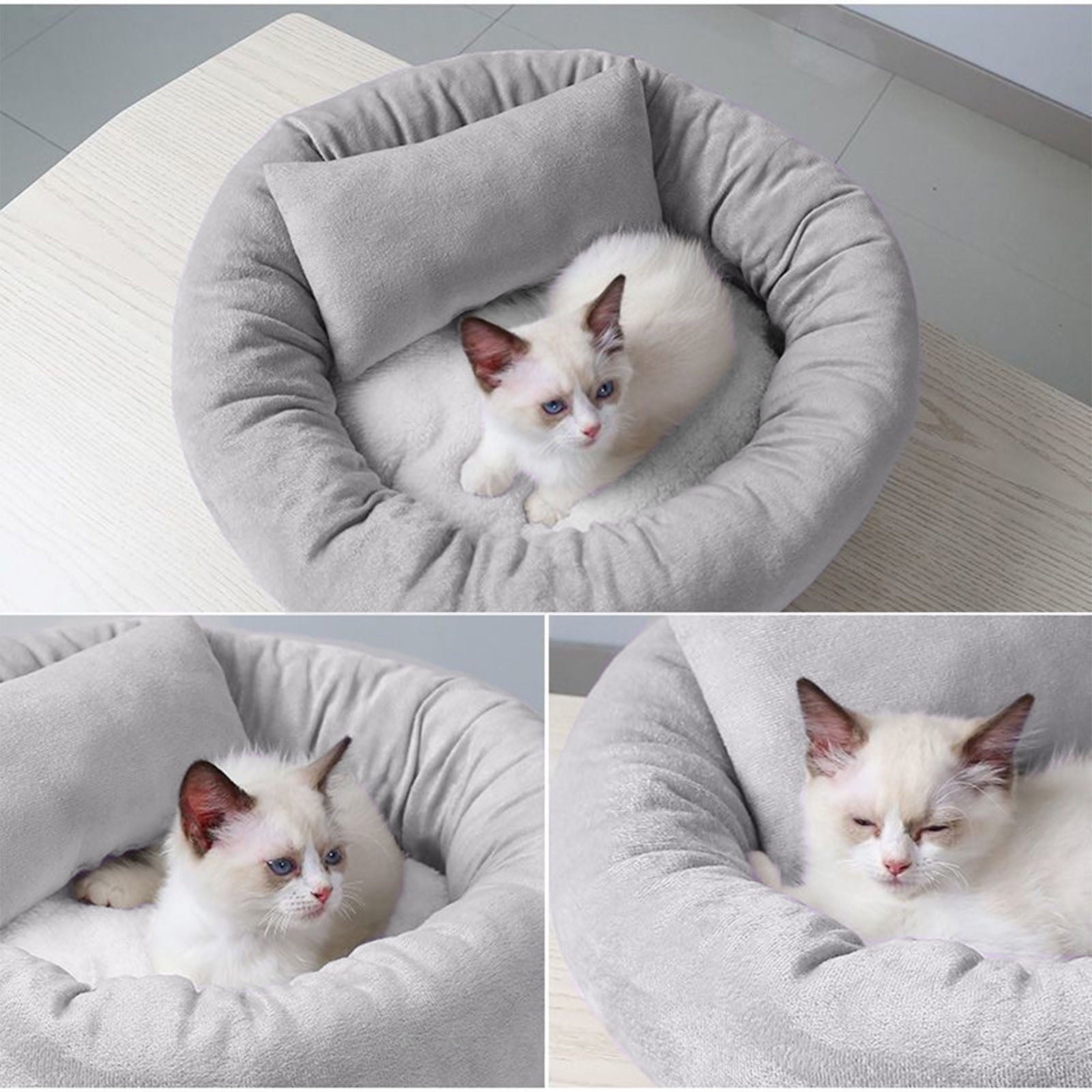 14in Round Cat Beds for Indoor Cats Small Dog Bed with Pillow, Washable Plush Pet Bed for Kittens Puppy, Purple