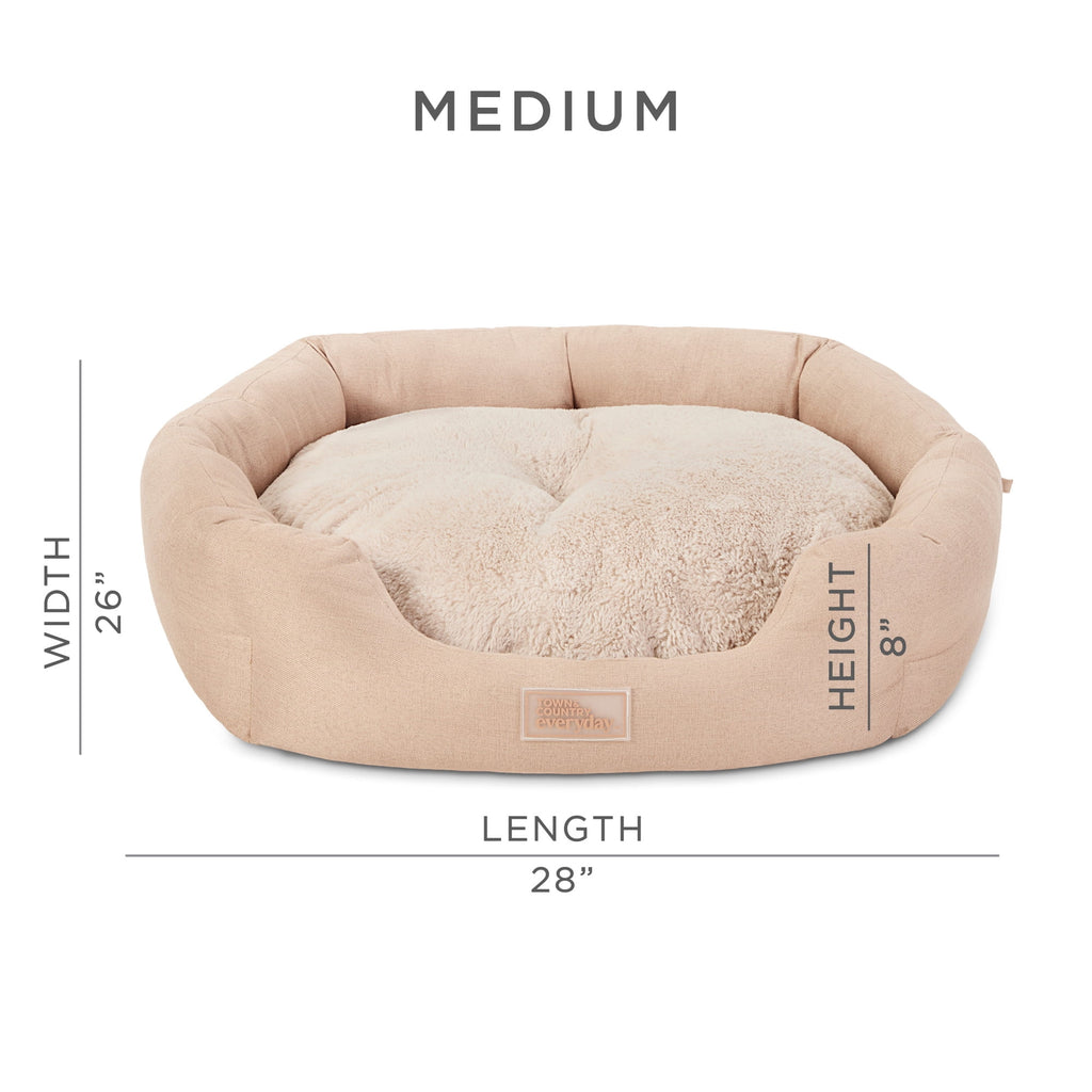 TOWN &amp; COUNTRY EVERYDAY CuddleTown Faux Linen Comfy Cuddler Pet Bed, Supportive &amp; Egg Crate Foam, Water Repellent, Bottom, Cover, Grey, Medium 28"x26"x8"