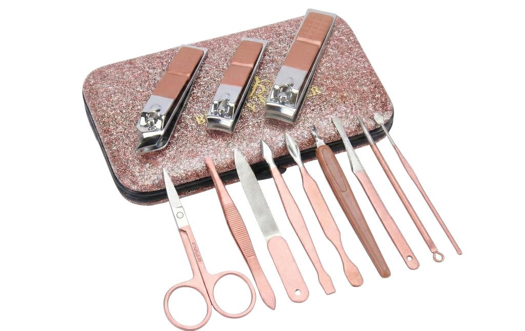 Beauty Power Manicure Set Nail Clipper Kit Personal Care Manicure Pedicure Set 12 in 1 Mens Womens Accessories Nail Grooming Kit Personal Care Set - Gift Idea (Pink and Black)