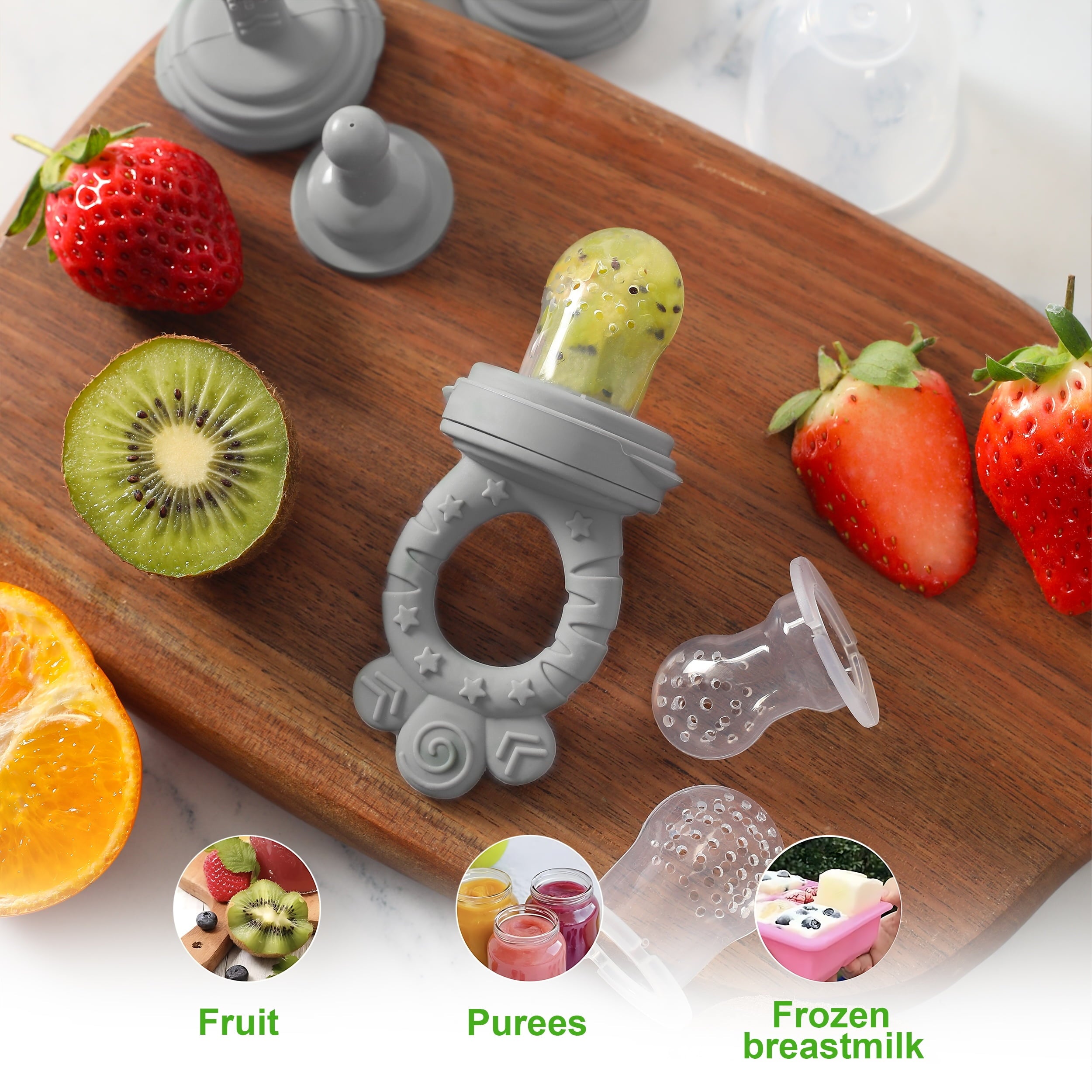 Minie Joo Baby Fruit and Food Feeder &amp; Teething Pacifier Set, 3 Pacifier Pouches, Pink