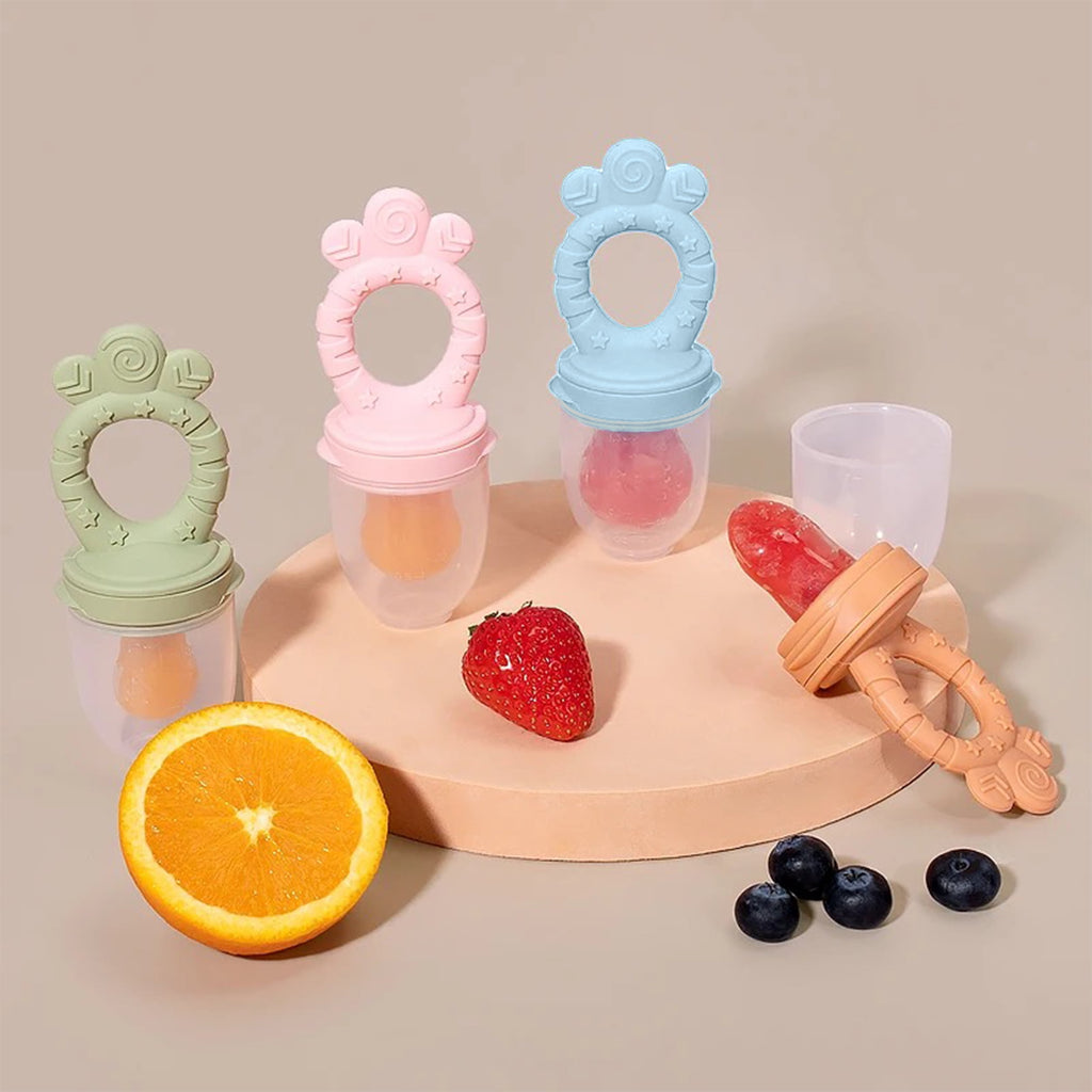 Minie Joo Baby Fruit and Food Feeder &amp; Teething Pacifier Set, 3 Pacifier Pouches, Pink