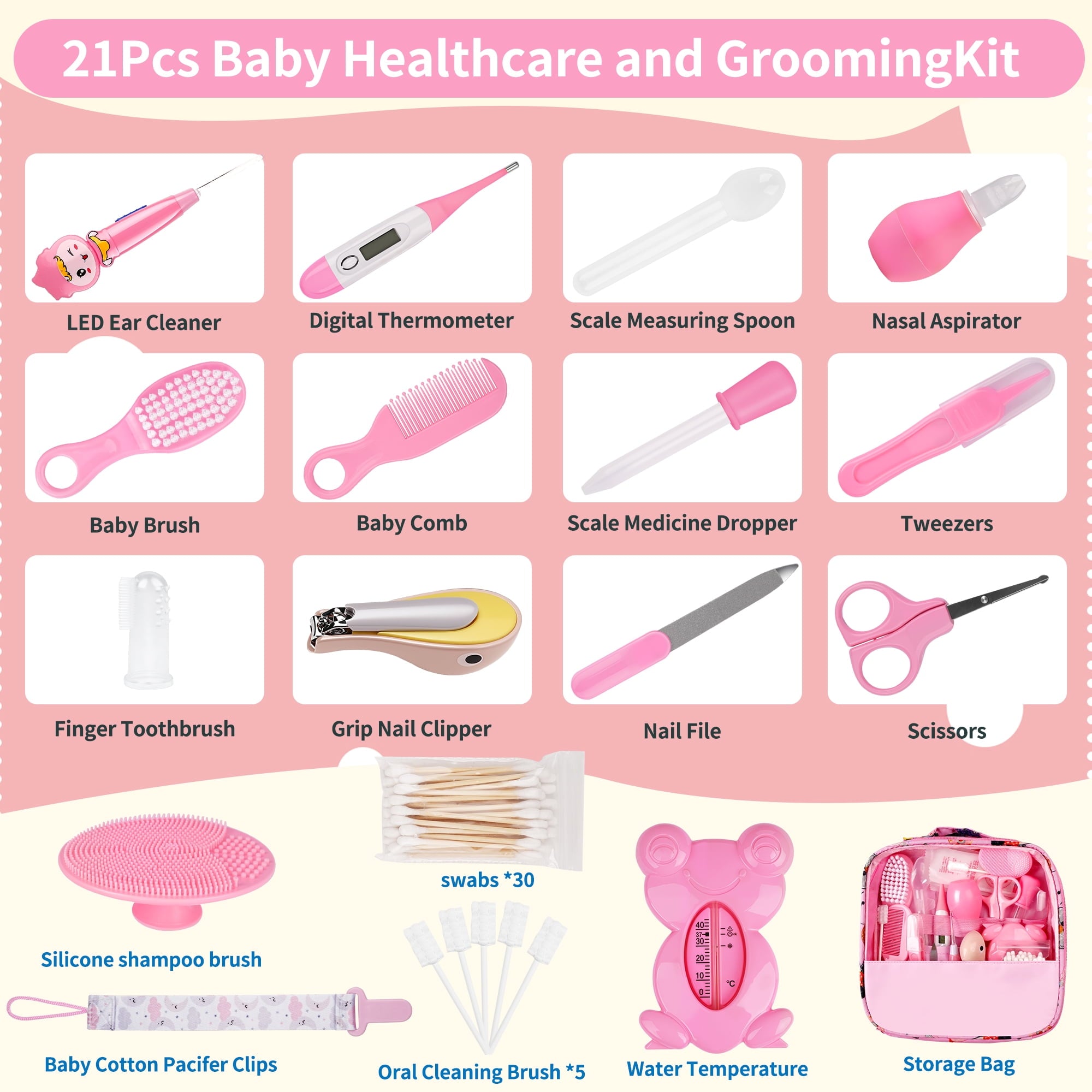 Baby Grooming Kit,BUSATIA 21 in 1 Infant Safety Care Set with Hair Brush Comb Nail Clipper Nasal Aspirator,Baby Essentials Kit for Newborn Girls Boys-Pink Baby Grooming kit