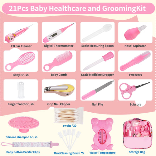 Baby Grooming Kit,BUSATIA 21 in 1 Infant Safety Care Set with Hair Brush Comb Nail Clipper Nasal Aspirator,Baby Essentials Kit for Newborn Girls Boys-Pink Baby Grooming kit