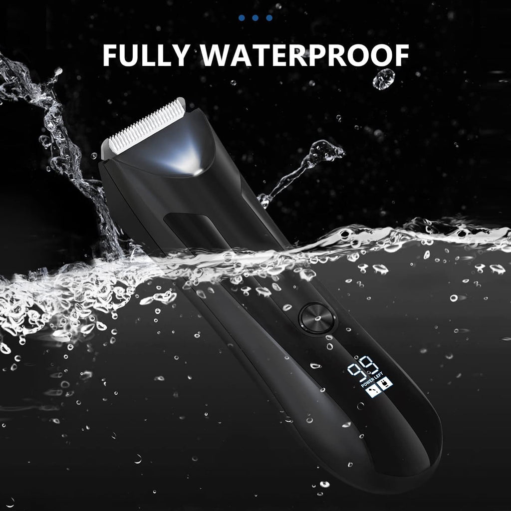 Electric Body Trimmer, Men's Groin Hair Trimmer IPX5 Wet/Dry Use Razor, Ceramic Blade Ball Shaver Clipper Body Grooming Kit with LCD Baterry Display, USB Recharge Dock &amp; LED Light