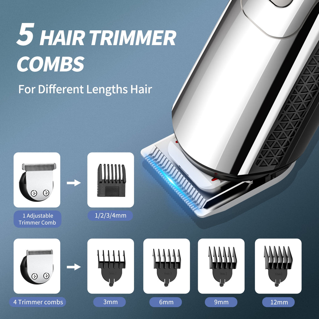 Hair Clipper for Men, All in One Grooming Kit IPX7 , Cordless Electric Beard Trimmer, USB Rechargeable Body Mustache Nose Ear Facial Cutting Groomer for Wet/Dry W/ LED Display, Storage Dock