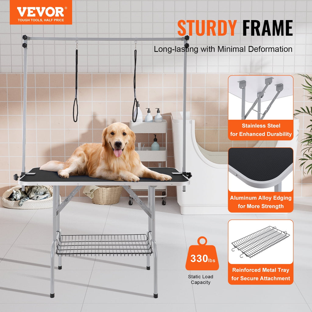 VEVOR Pet Grooming Table Two Arms with Clamp, 46'' Dog Grooming Station, Pets Grooming Stand for Medium and Small Dogs, Free No Sit Haunch Holder with Grooming Loop, Bearing 330lbs