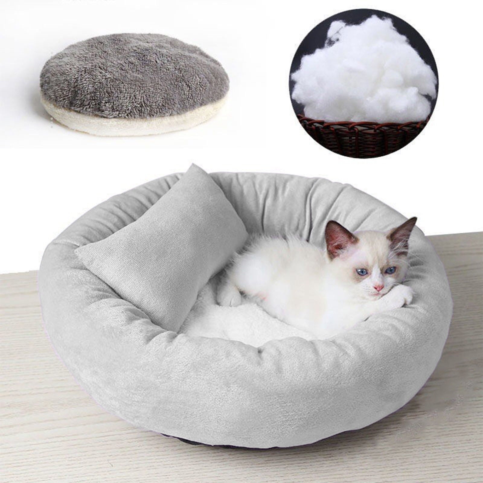 14in Round Cat Beds for Indoor Cats Small Dog Bed with Pillow, Washable Plush Pet Bed for Kittens Puppy, Purple