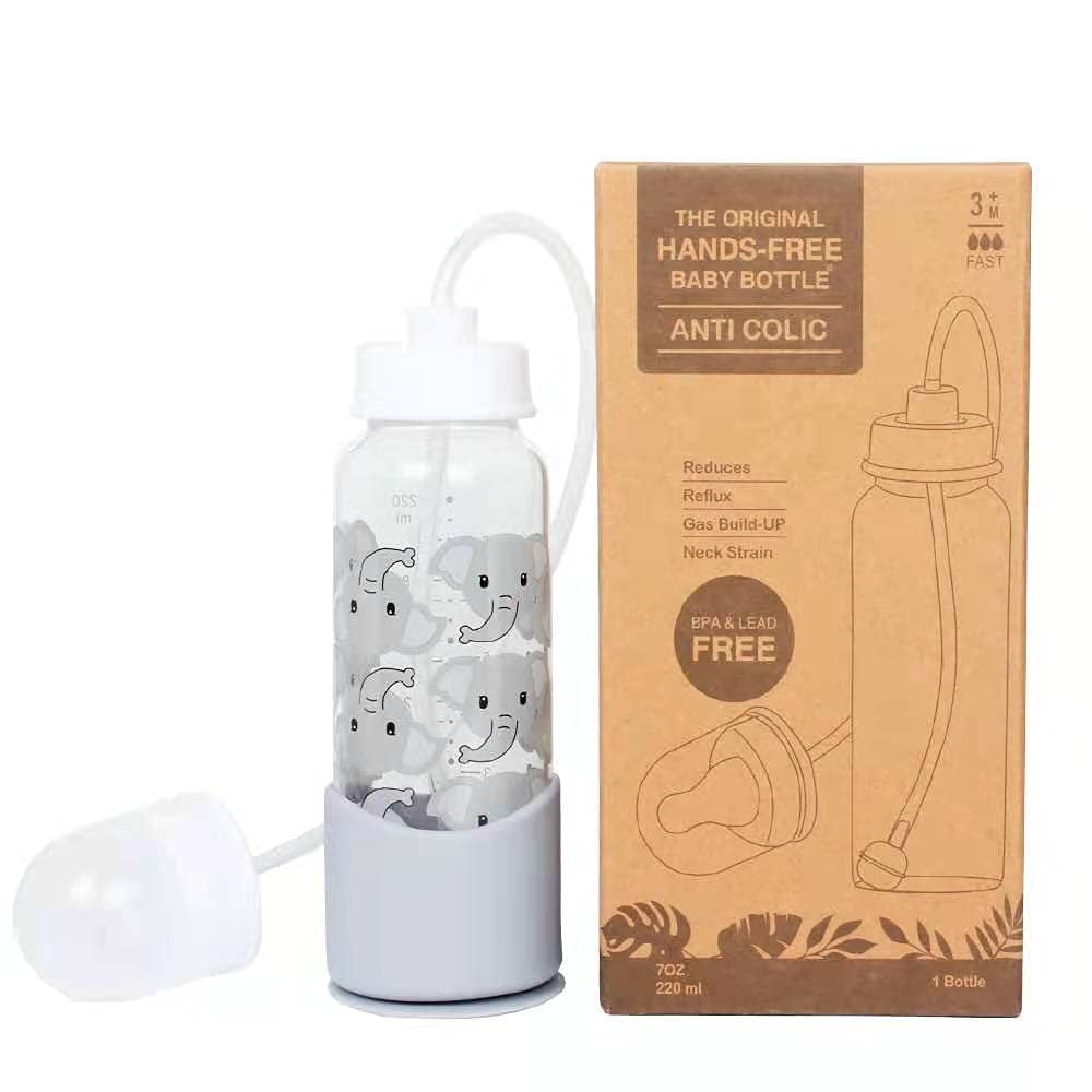 Hands-Free Baby Bottle - Nursing System 7 oz Baby Bottle with Nipple/Teat 3m+ Infant with Tube Straw Feeding System for Toddler (1 Bottle - Elephant)