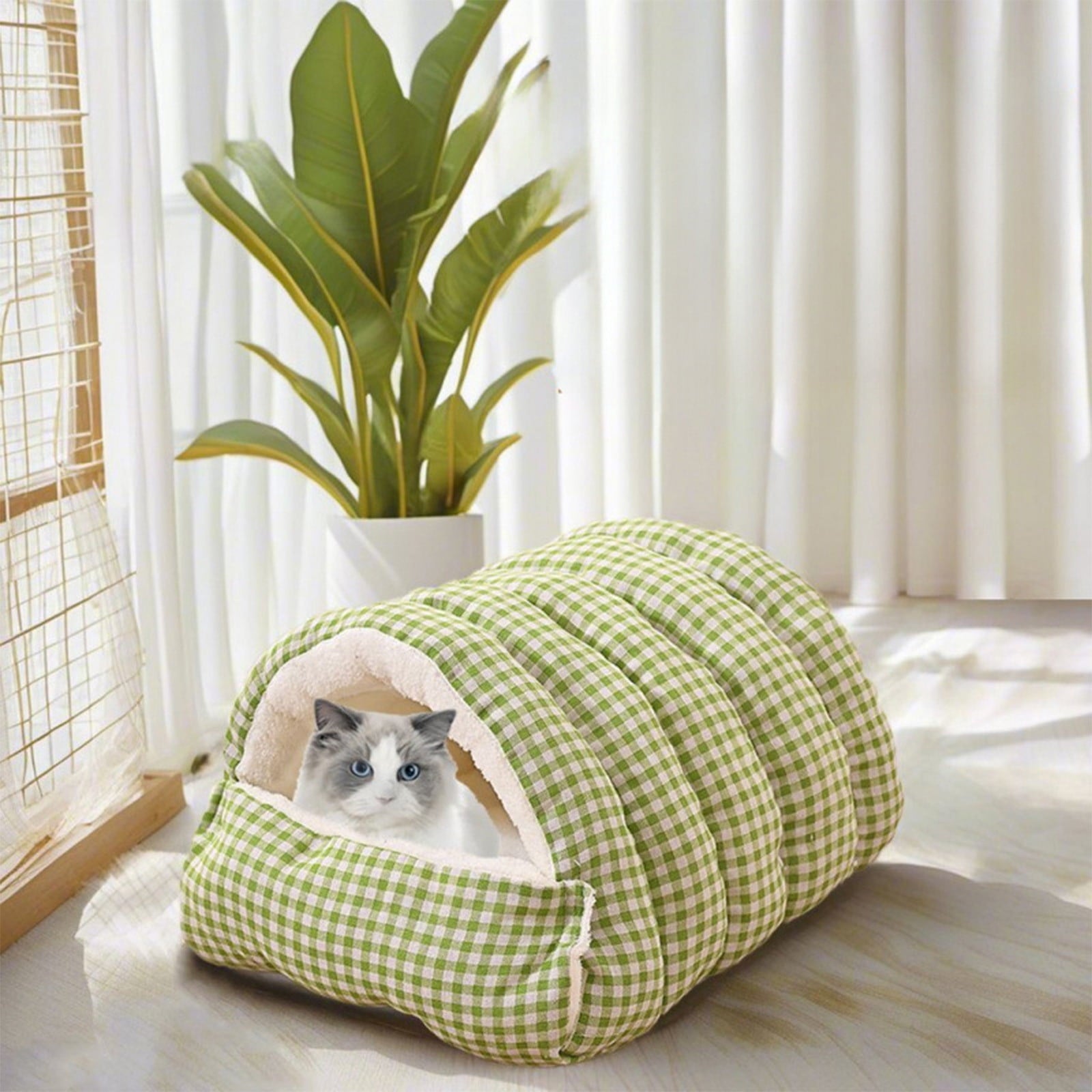Winter Small Pet Bed - Washable Semi-Enclosed Cat/Dog Bed, Dual-Purpose (Open/Closed), Wear-Resistant Cloth, Fits Pets Under 5 lbs, Green, Compact 18.9x11.8x7.87in