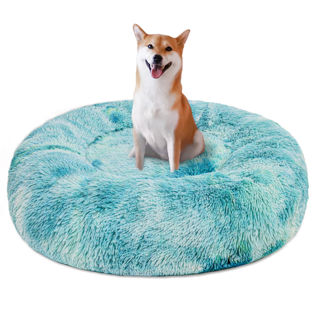 Donut Pet Bed for Small Dogs 20", Plush Warming Dog Bed, Pink Rainbow