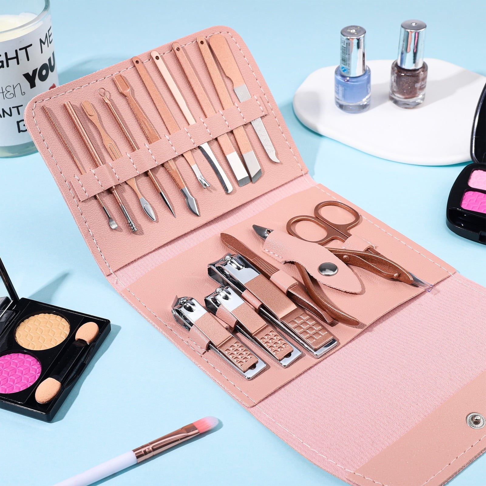 Abaima 16pcs Manicure Sets,Mini Pedicure Kit Nail Clippers, Grooming Kit with PU Leather Case, Stainless Steel Trave Nail Care Tools(Pink)
