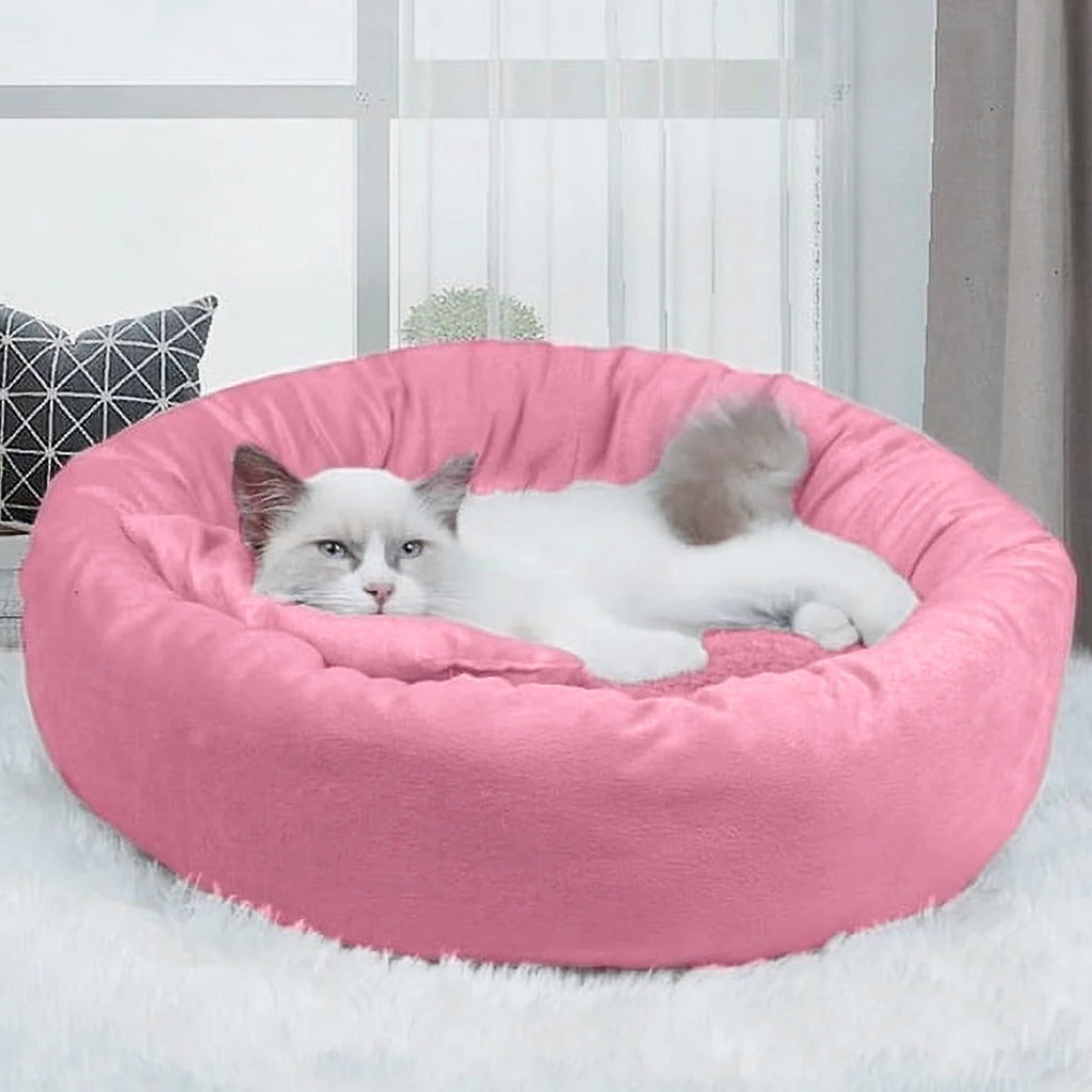 14in Round Cat Beds for Indoor Cats Small Dog Bed with Pillow, Washable Plush Pet Bed for Kittens Puppy, Purple