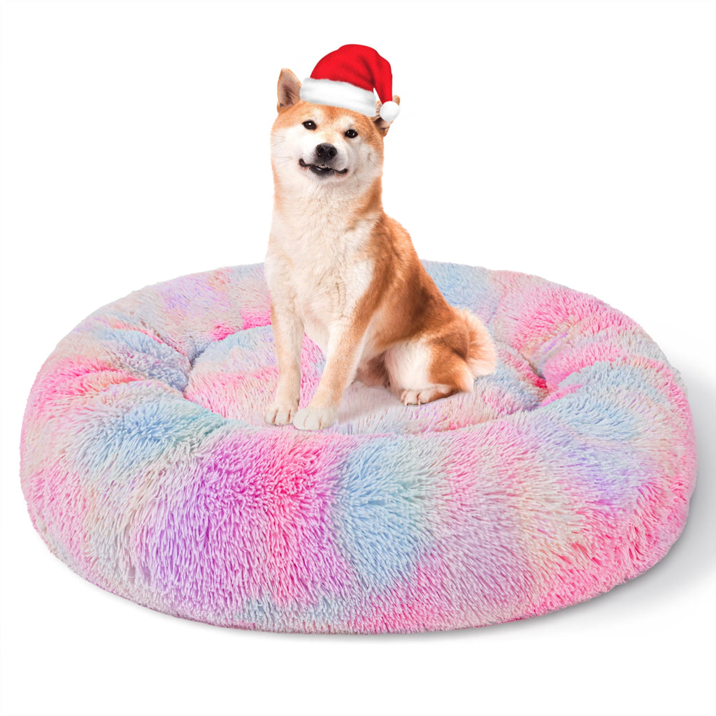 Donut Pet Bed for Small Dogs 20", Plush Warming Dog Bed, Pink Rainbow