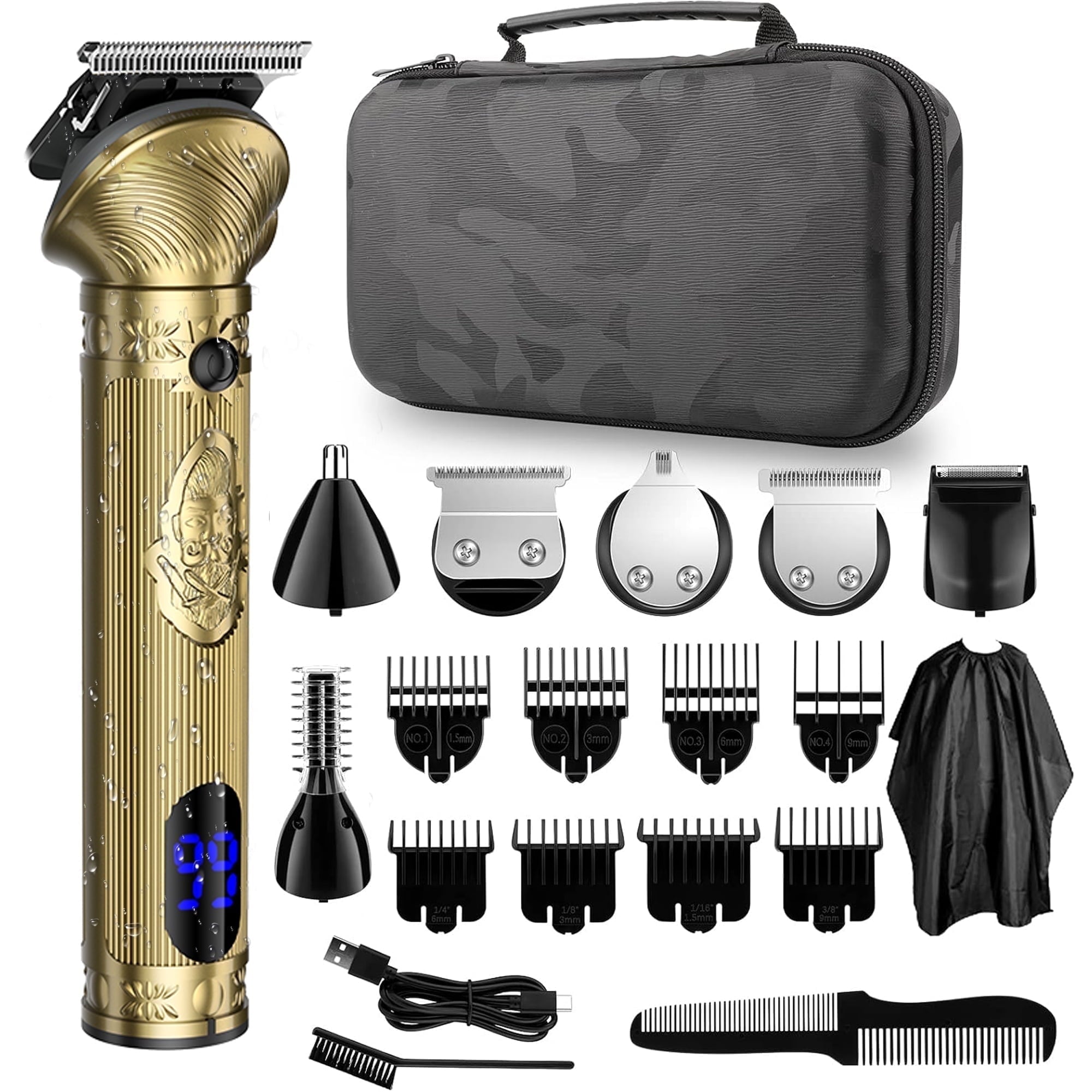Hair Clipper for Men, 19 in 1 Electric Beard Trimmer, Home Travel Cordless Shaver Razor with LED Display for Hair, Facial, Nose Hair Cutting, Grooming Kit with Storage Bag