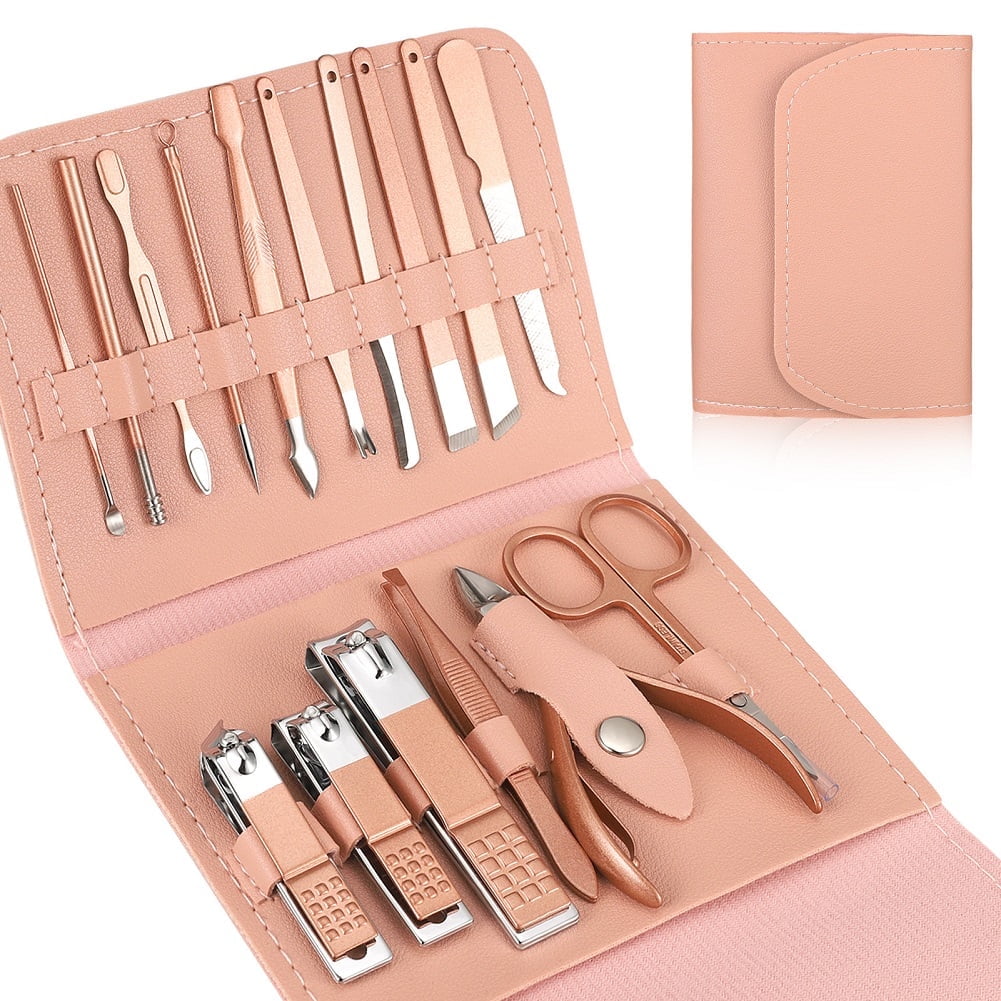 Abaima 16pcs Manicure Sets,Mini Pedicure Kit Nail Clippers, Grooming Kit with PU Leather Case, Stainless Steel Trave Nail Care Tools(Pink)