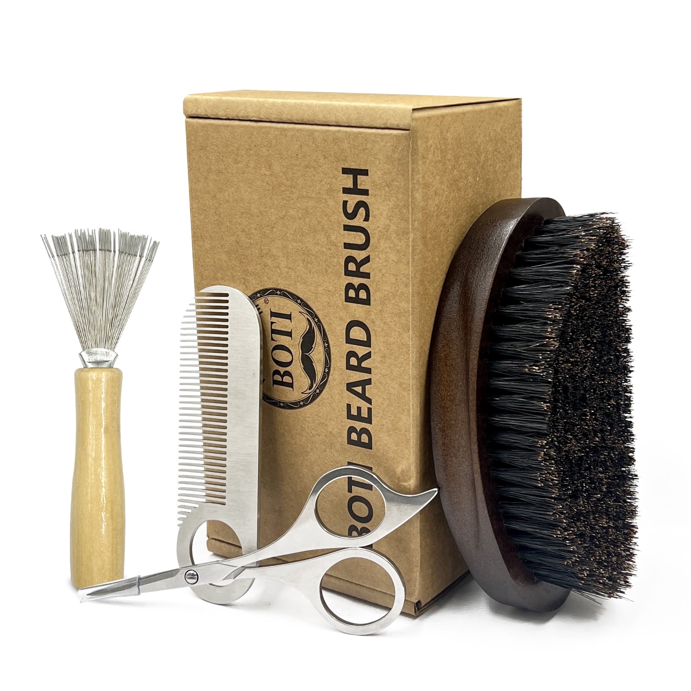 Beard Brush, Natural Boar Bristles Beard Brush for Men and Wooden Pocket Beard Comb Set, Facial Hair Grooming Kit with Mustache Scissors as a Styling Tool.