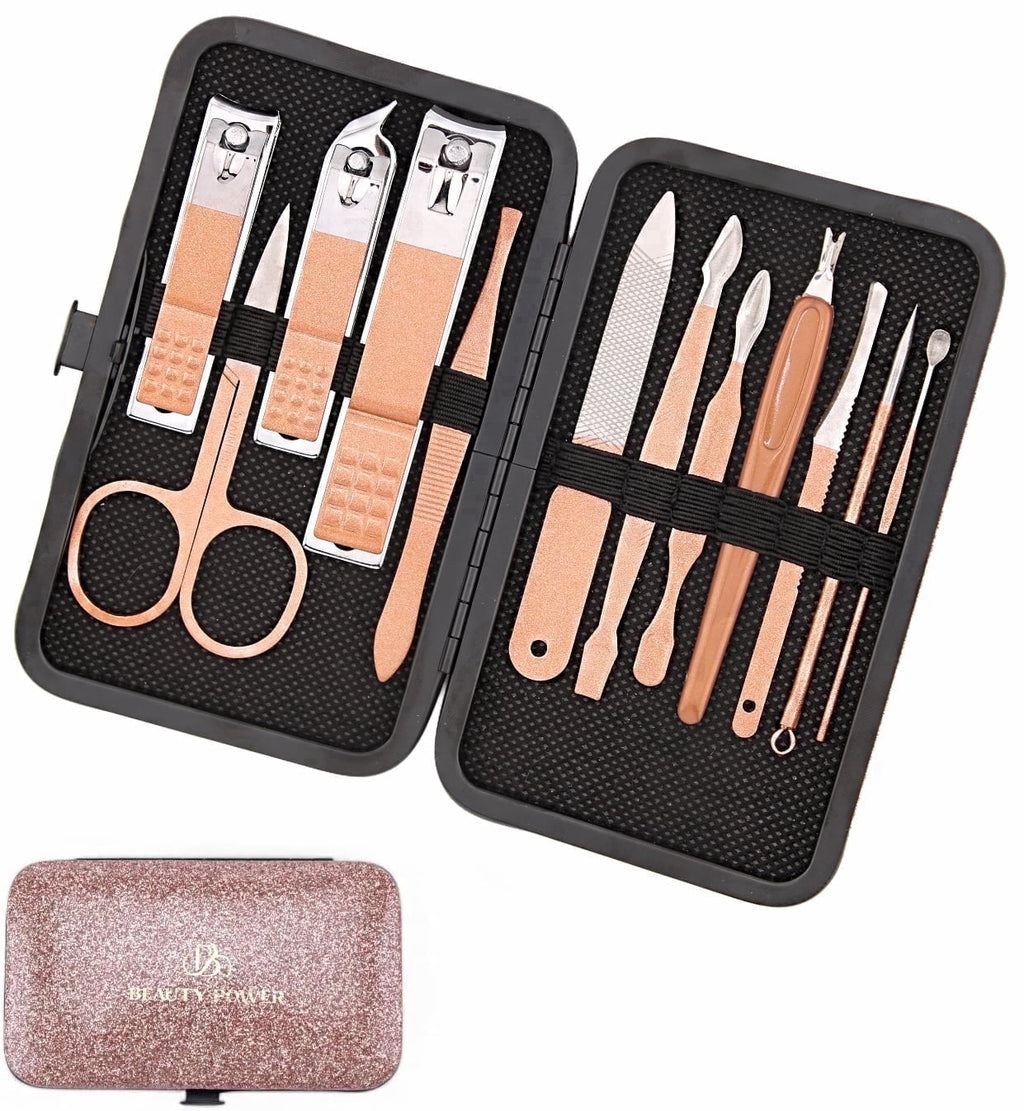 Beauty Power Manicure Set Nail Clipper Kit Personal Care Manicure Pedicure Set 12 in 1 Mens Womens Accessories Nail Grooming Kit Personal Care Set - Gift Idea (Pink and Black)