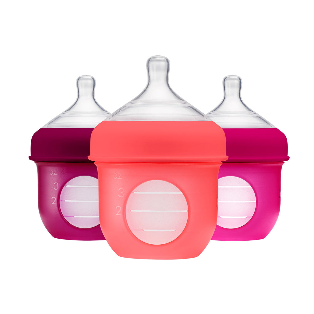 Nursh Silicone Pouch Baby Bottle, Air-Free Feeding, Pink Multi Pack 4 Oz 3 Pk