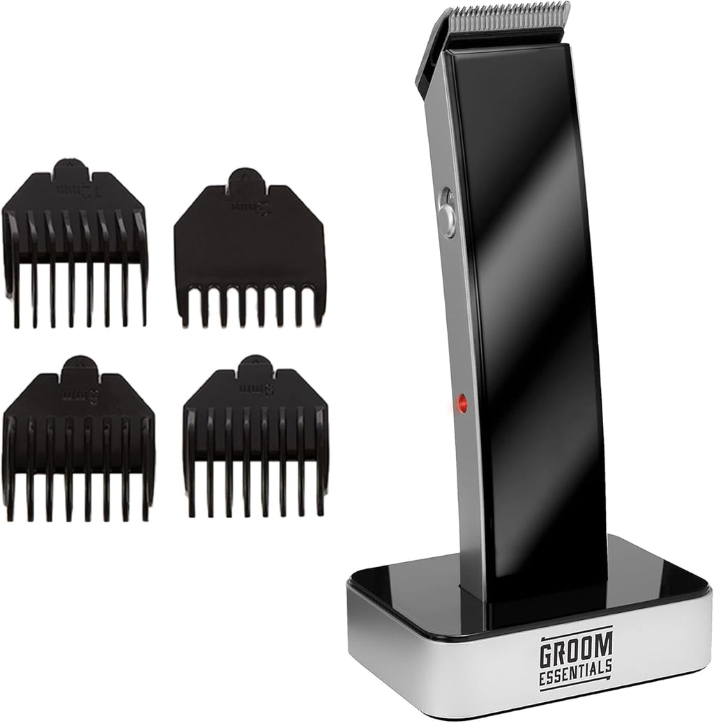 Groom Essentials Hair &amp; Beard Trimmer for Men, Cordless Hair Trimmer w/ Charging Base, Black/Silver