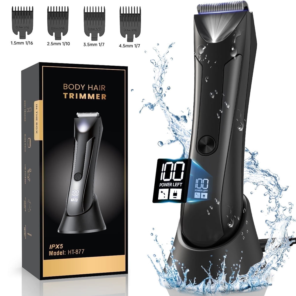 Electric Body Trimmer, Men's Groin Hair Trimmer IPX5 Wet/Dry Use Razor, Ceramic Blade Ball Shaver Clipper Body Grooming Kit with LCD Baterry Display, USB Recharge Dock &amp; LED Light