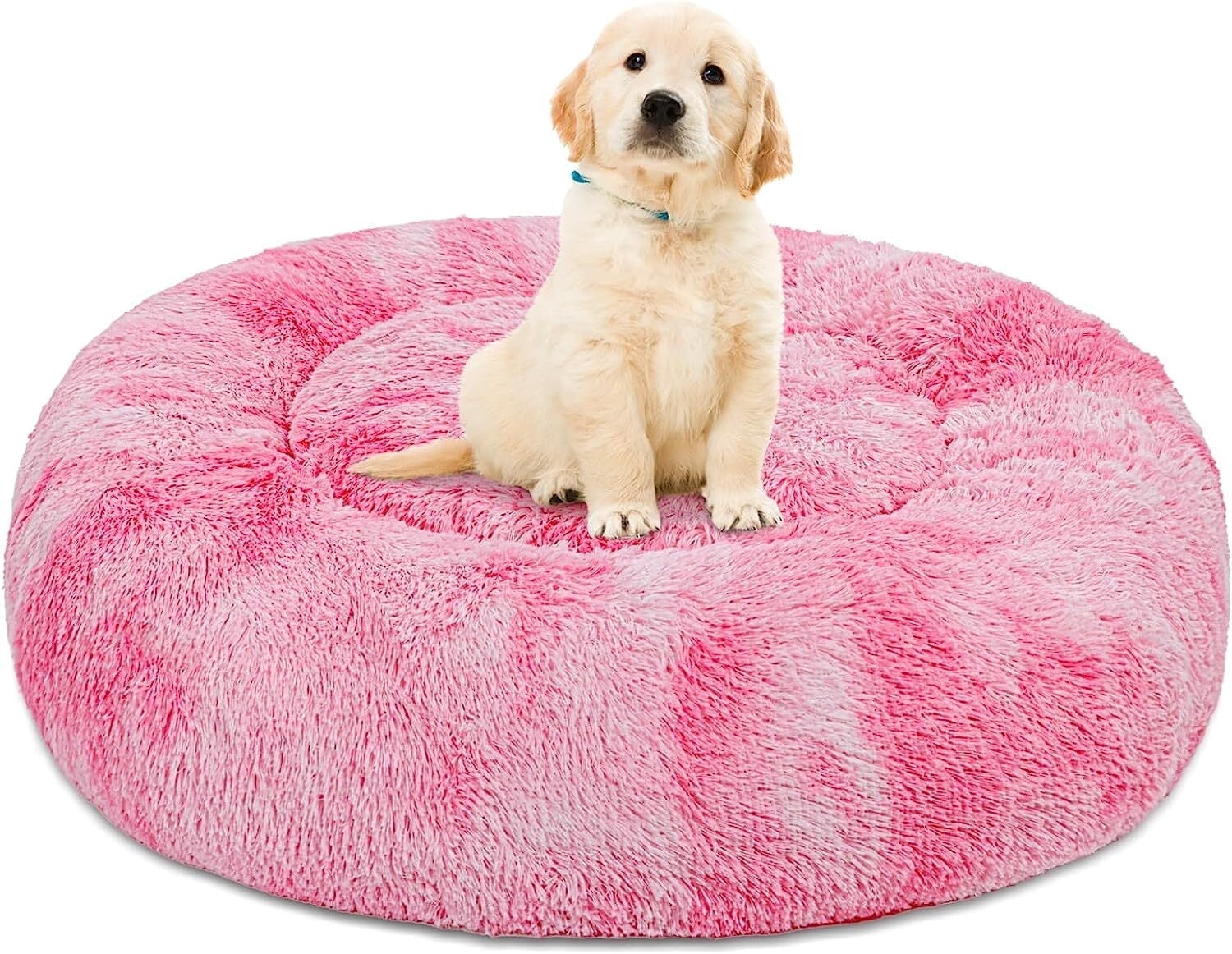 Donut Pet Bed for Small Dogs 20", Plush Warming Dog Bed, Pink Rainbow