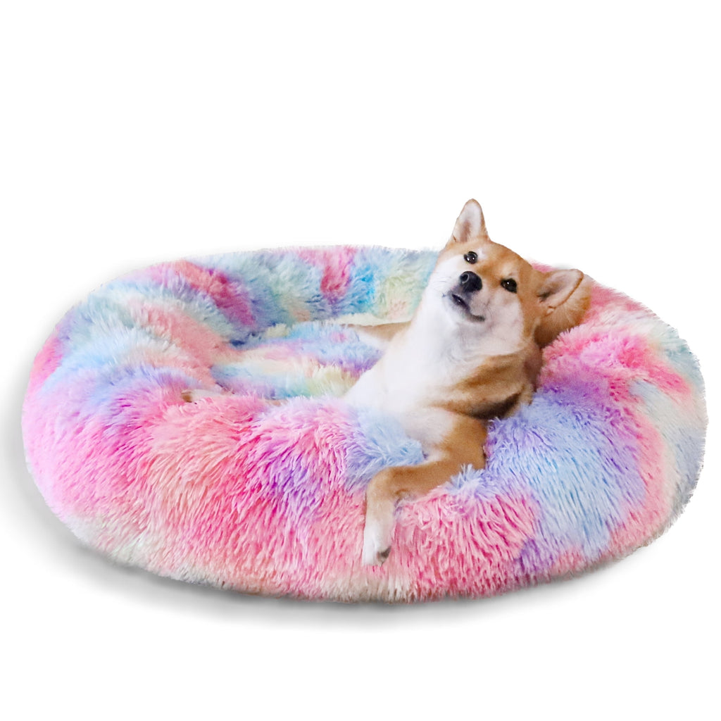 Donut Pet Bed for Small Dogs 20", Plush Warming Dog Bed, Pink Rainbow