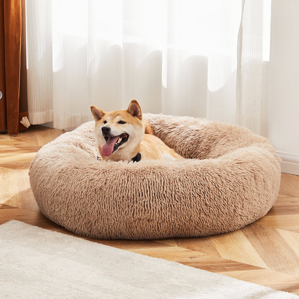 Donut Dog &amp; Cat Bed, 30 Inches Round Dog Beds for Large Dogs, Plush Dog Bed, Pet Bed, Brown