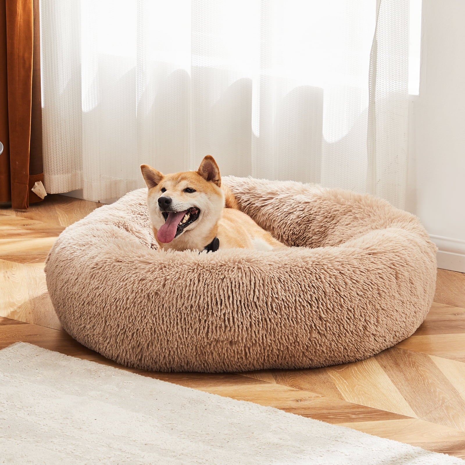 Donut Dog &amp; Cat Bed, 30 Inches Round Dog Beds for Large Dogs, Plush Dog Bed, Pet Bed, Brown