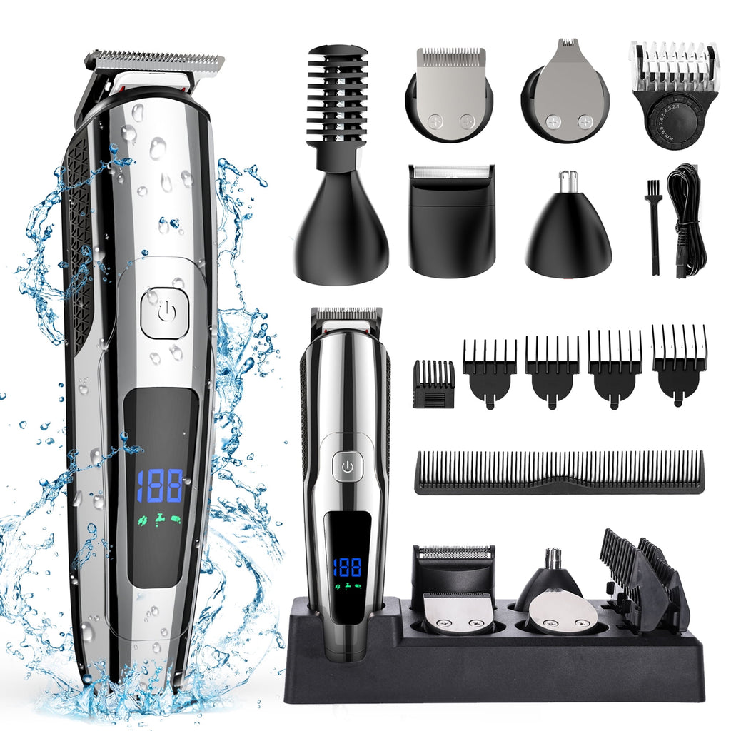 Hair Clipper for Men, All in One Grooming Kit IPX7 , Cordless Electric Beard Trimmer, USB Rechargeable Body Mustache Nose Ear Facial Cutting Groomer for Wet/Dry W/ LED Display, Storage Dock