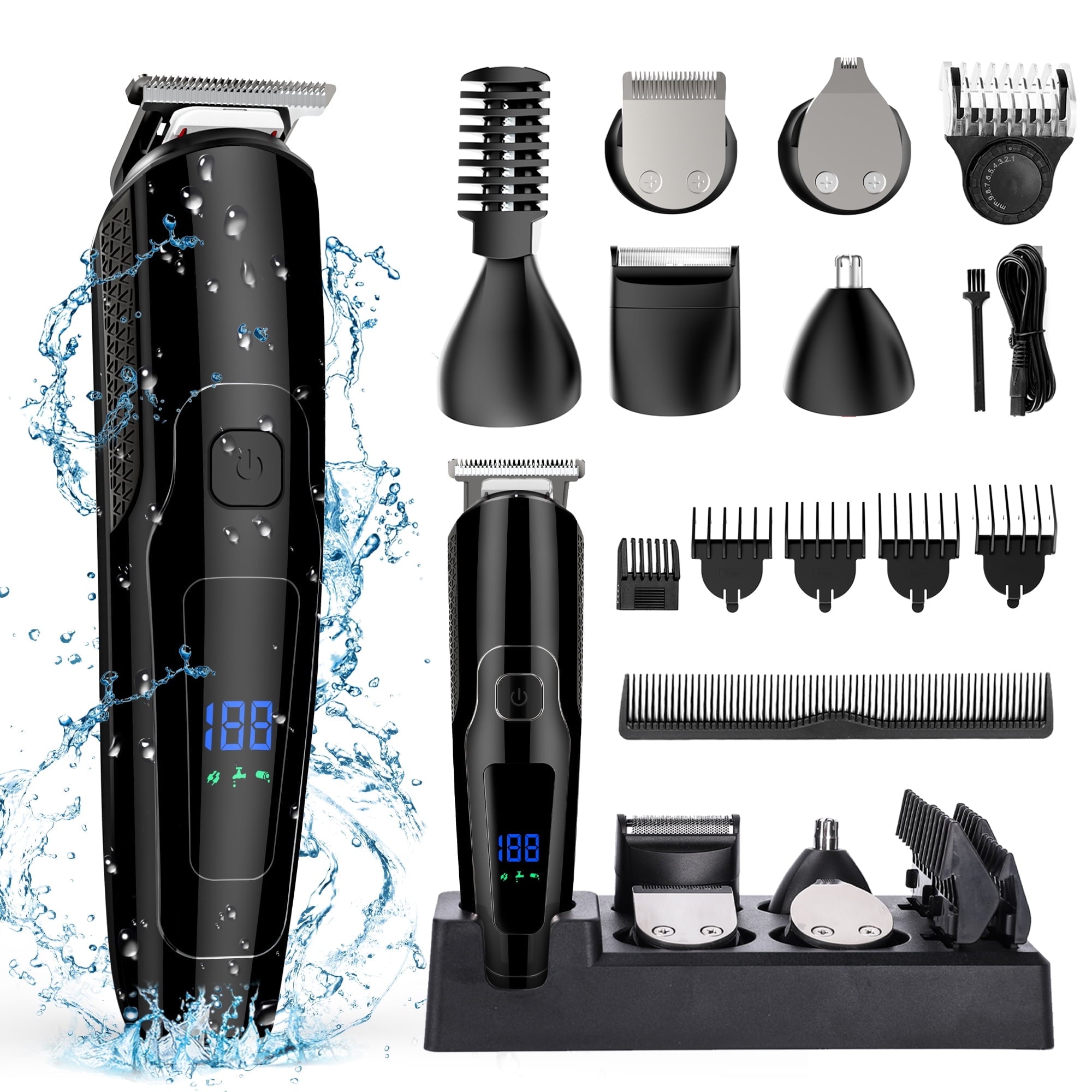 Hair Clipper for Men, All in One Grooming Kit IPX7 , Cordless Electric Beard Trimmer, USB Rechargeable Body Mustache Nose Ear Facial Cutting Groomer for Wet/Dry W/ LED Display, Storage Dock