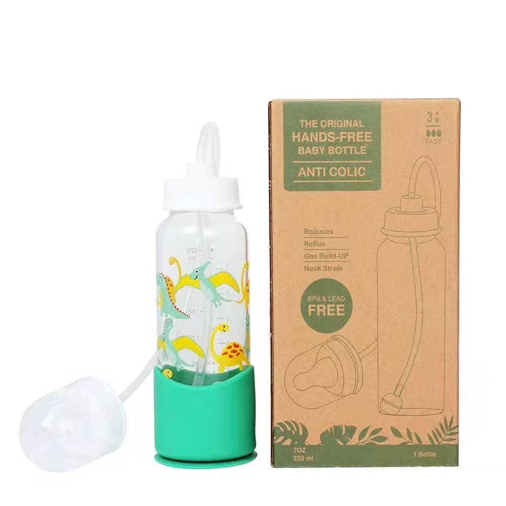 Hands-Free Baby Bottle - Feeding Baby Bottle System 7 oz Glass Bottle (1 Pack - Dinosaur)