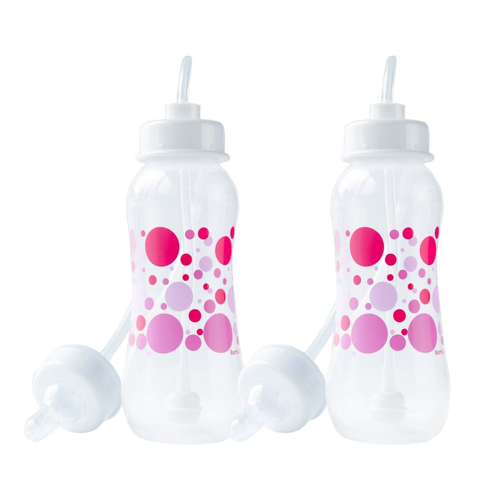 Hands-Free Baby Bottle - Nursing System 9 oz Baby Bottle with Nipple/Teat 3m+ Infant with Tube Straw Feeding System for Toddler (2 Bottles - Pink)